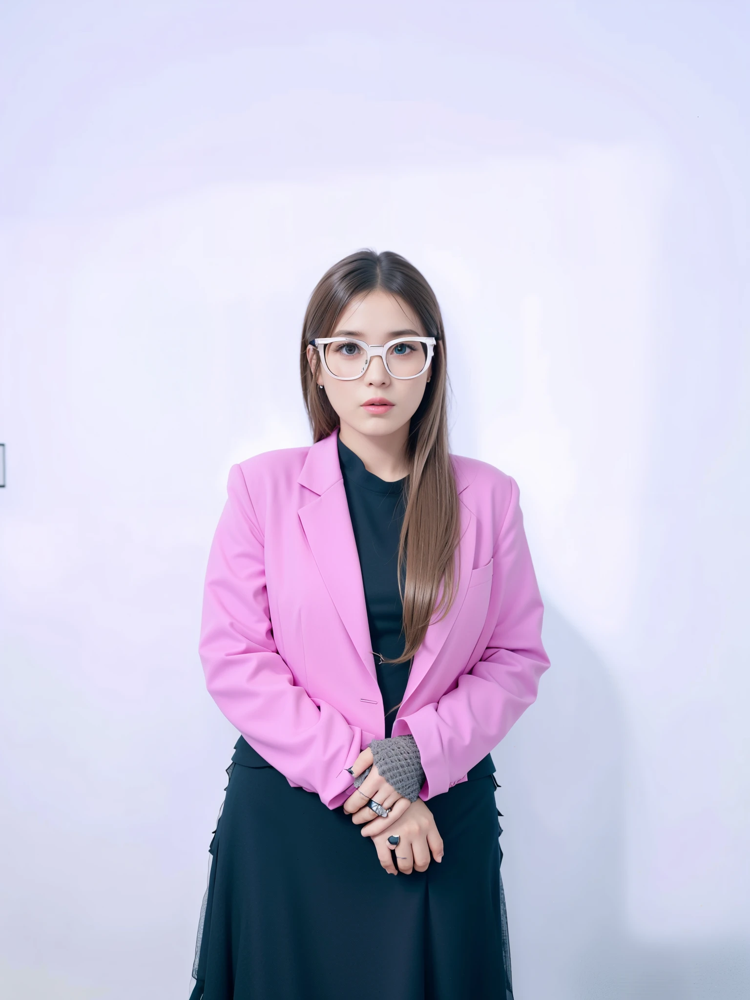 mulher araffe com jaqueta rosa e vestido preto posando para uma foto, Lorena Avarez, foto de perfil profissional, Cl, wearing a suit and glasses, in suit with black glasses, inspired by Gina Pellón, pink-tinted eyewear, vestindo um terno rosa Claro, woman with rose tinted glasses, foto de perfil profissional, girl wearing round glasses