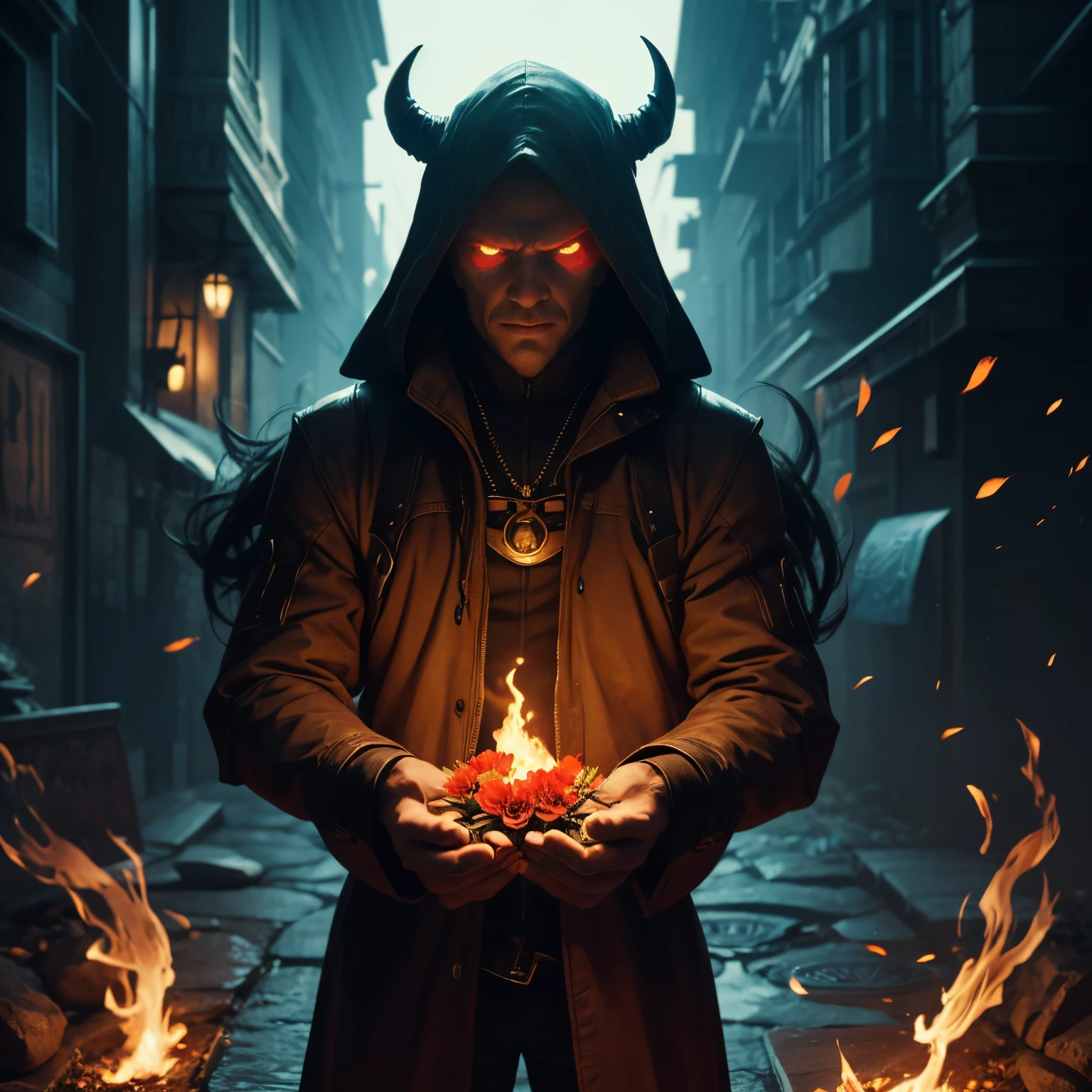 a man with a demon face holding flowers with flames in his hands, in the style of dark cyan and red, illustrative realism, gamercore, mysterious backdrops, 32k uhd, ferrania p30, vibrant realism