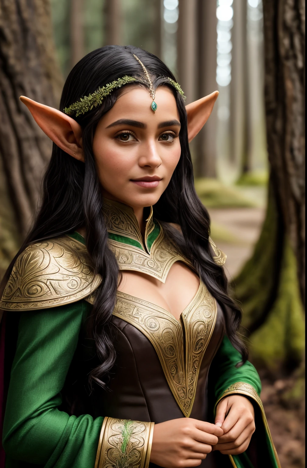 analog film photo, photo of a young elven girl, 18 years old, elf ears, jade eyes, curly brunette ponytail, brown skin, freckles, Amazonian stature, voluptuous hourglass figure, busty bosom, narrow waist, full hips, big plump buttocks, wearing elven undergarments, strolling through a sunny fantasy landscape, RAW Photograph, dslr, soft lighting, high quality, film grain, Fujifilm XT3, detailed skin with visible pores, insane details, masterpiece, 8k, 35mm photograph, dslr, kodachrome, faded film, desaturated, grainy, vintage, Lomography, stained, highly detailed, found footage, close-up shot, elven ears