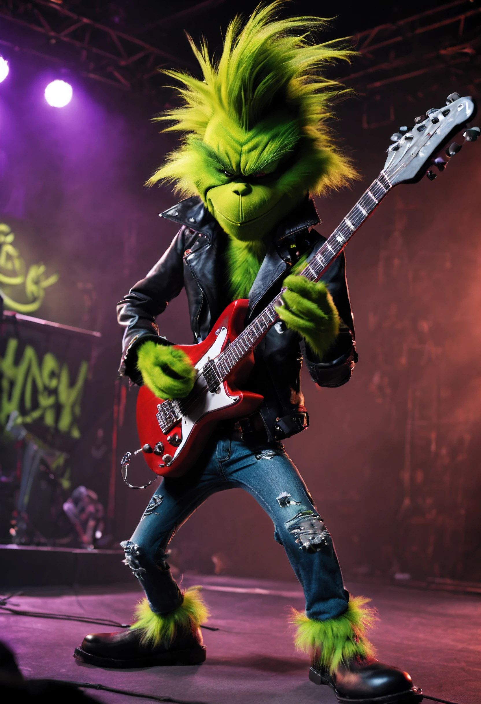 The Grinch takes on a rebellious and edgy persona as an emo rock star. Dressed in dark, punk-inspired attire, he sports torn jeans, studded accessories, and a leather jacket adorned with band patches. His signature green fur contrasts with streaks of vibrant, dyed colors. The Grinch brandishes an electric guitar, and his expression exudes an attitude of nonconformity. The stage is set with moody lighting, amplifiers, and a backdrop of urban graffiti, creating a rebellious and rock-and-roll atmosphere.