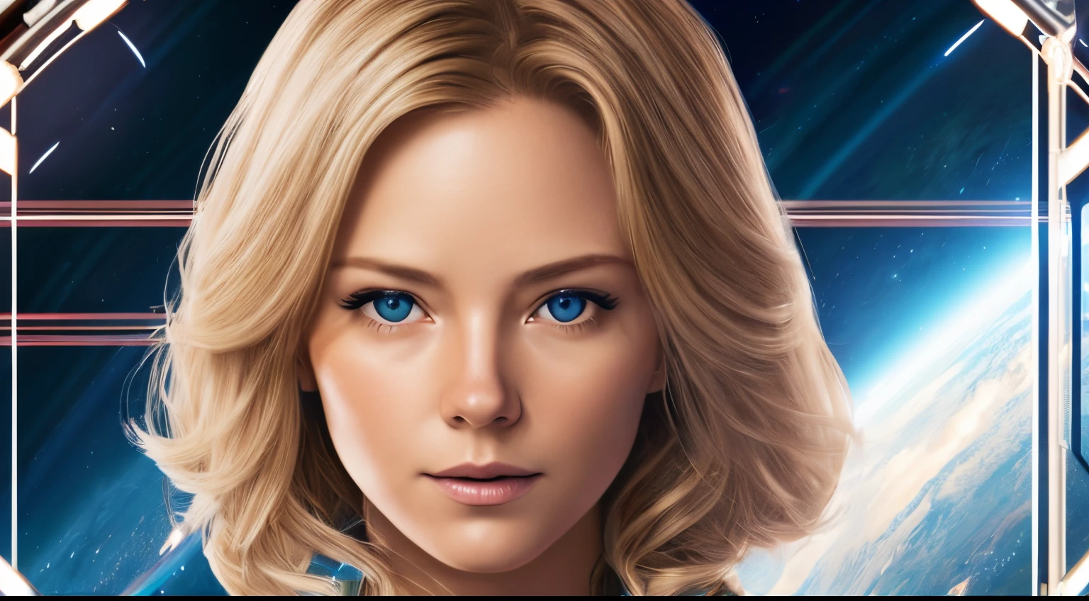 Masterpiece, Best Quality, Extremely detailed, Cinematic Lightning, intricate detials, hight resolution, official arts, finely detailed beautiful face and eyes, high-resolution illustration, 8K, Woman on space station with spaceship in background, Webtoon, blue uniform, Japanese studio game, blonde - haired princess, Streaming on Twitch, 1811, Strategy game, Researcher in the field of artificial intelligence, Passengers, Clear image, Ability Image, Smug appearance, inspired by Leona Wood, bcy. network