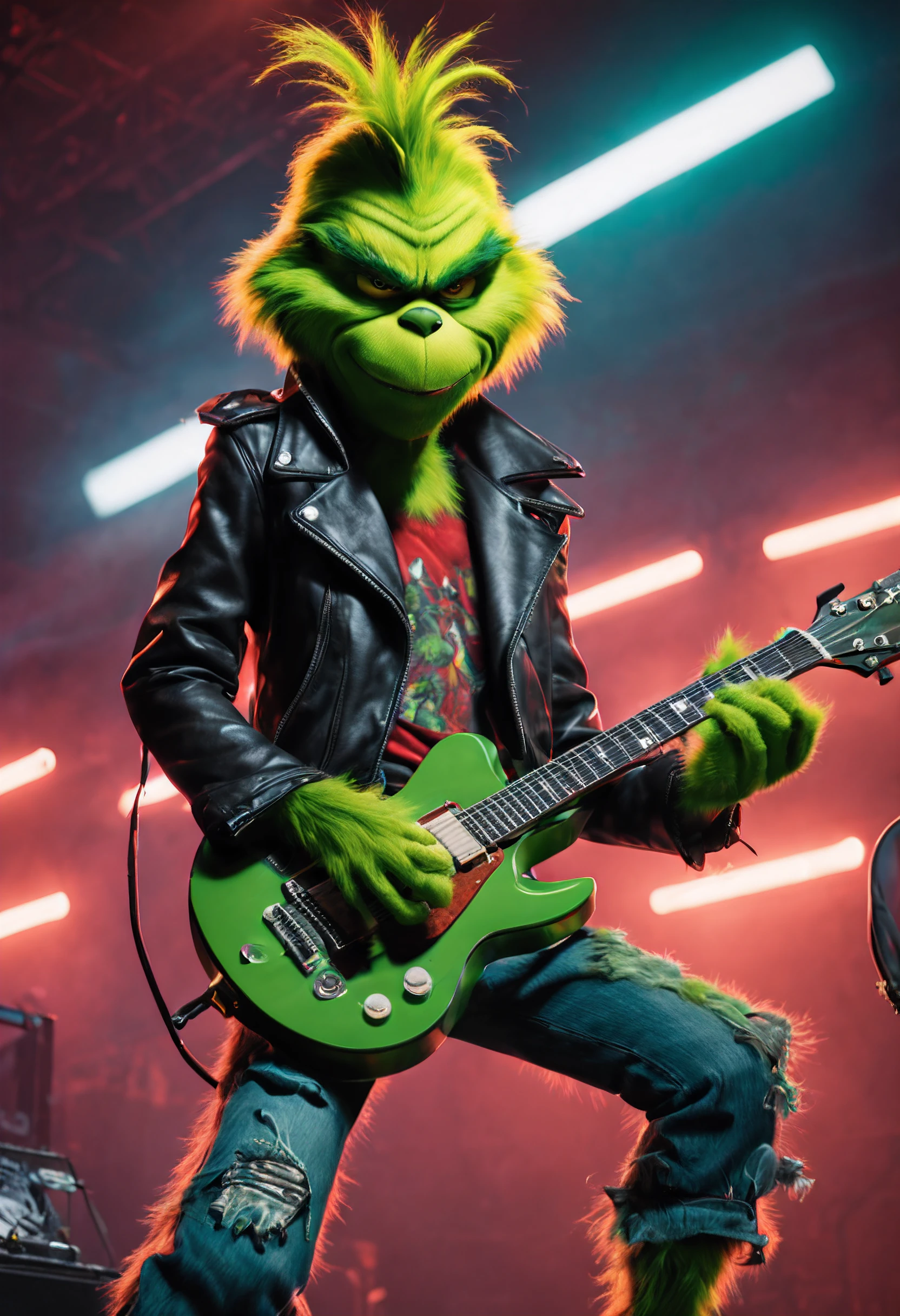 The Grinch takes on a rebellious and edgy persona as an emo rock star. Dressed in dark, punk-inspired attire, he sports torn jeans, studded accessories, and a leather jacket adorned with band patches. His signature green fur contrasts with streaks of vibrant, dyed colors. The Grinch brandishes an electric guitar, and his expression exudes an attitude of nonconformity. The stage is set with moody lighting, amplifiers, and a backdrop of urban graffiti, creating a rebellious and rock-and-roll atmosphere.