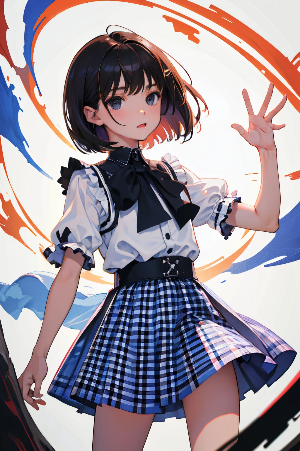 (child)，（​masterpiece，Highest Quality），Blouse with short sleeves，(Gingham Check Skirt)，A dark-haired，Medium bob