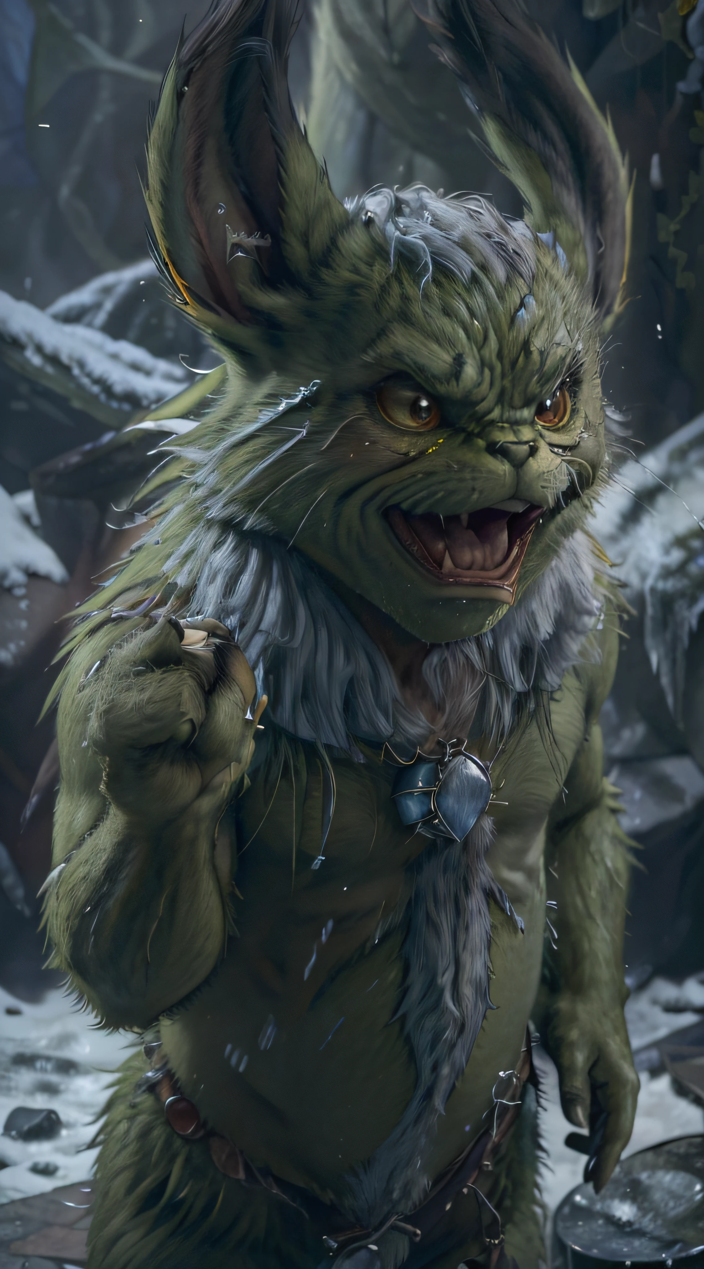 (detailed character description: 1.1) , (best quality, highres: 1.2), (realistic, photorealistic: 1.37), The Sorcerer’s Grinch, (sinister expression), (pointed teeth), (green fur), (wrinkled face), (large piercing eyes), (thin and curved eyebrows), (pointed nose, crooked), (contorted mouth), (long and thin fingers), (austere physique), (ragged and dark-colored clothes), (furry belly and belly), (icy and icy breath)