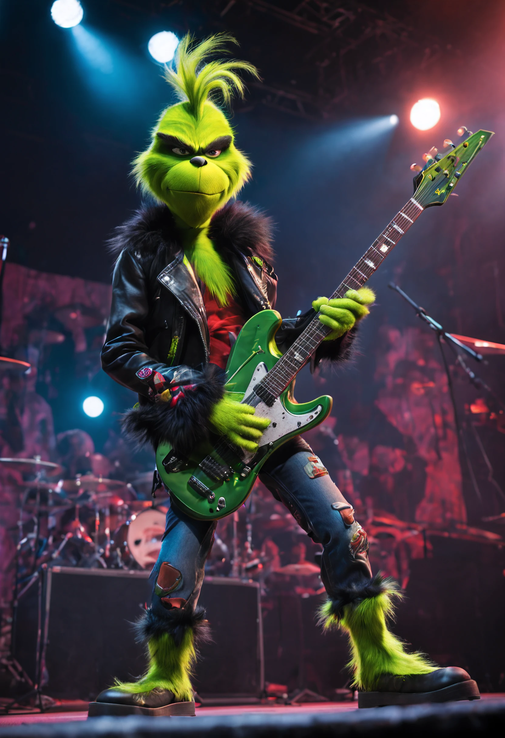 The Grinch takes on a rebellious and edgy persona as an emo rock star. Dressed in dark, punk-inspired attire, he sports torn jeans, studded accessories, and a leather jacket adorned with band patches. His signature green fur contrasts with streaks of vibrant, dyed colors. The Grinch brandishes an electric guitar, and his expression exudes an attitude of nonconformity. The stage is set with moody lighting, amplifiers, and a backdrop of urban graffiti, creating a rebellious and rock-and-roll atmosphere.