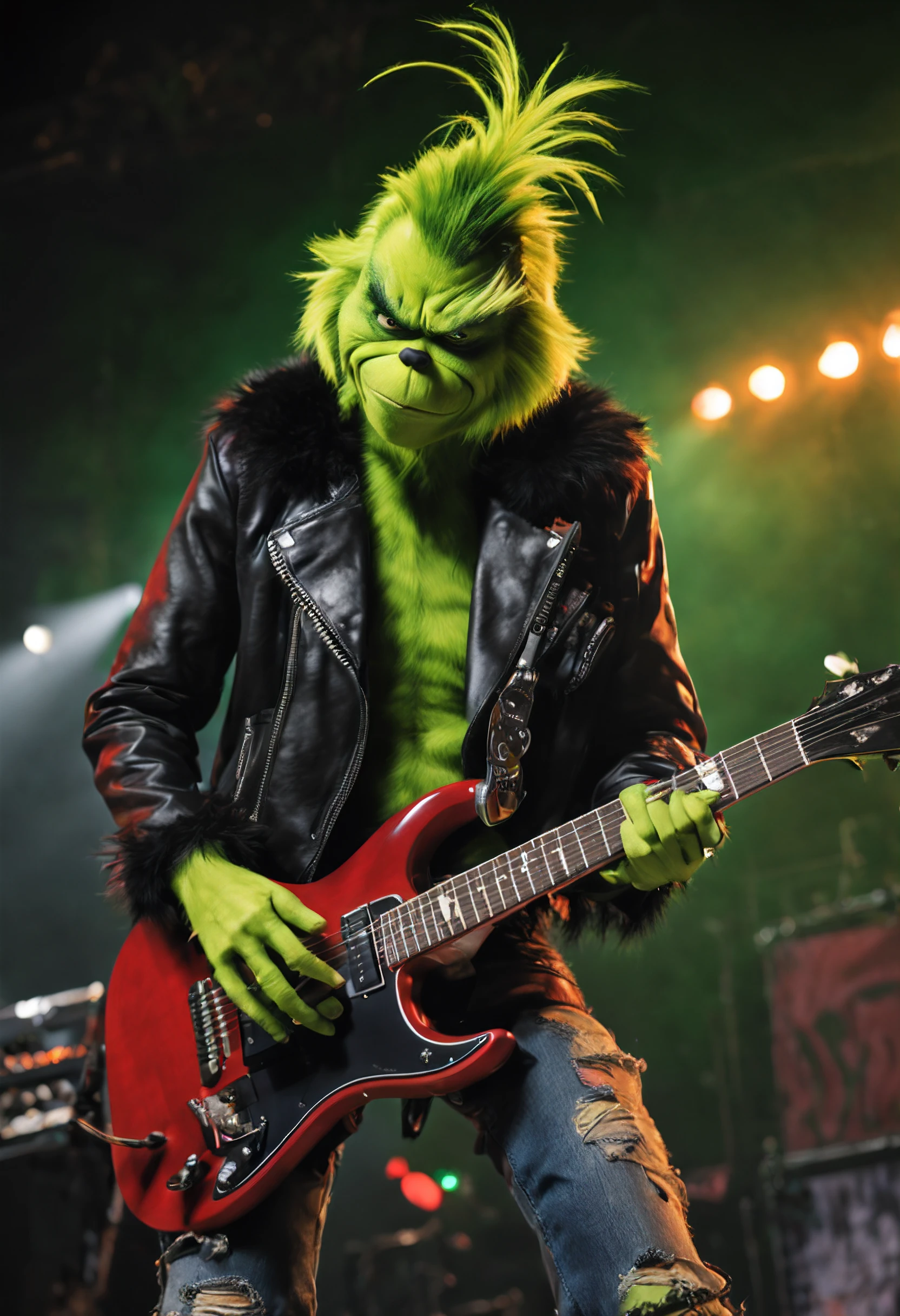 The Grinch takes on a rebellious and edgy persona as an emo rock star. Dressed in dark, punk-inspired attire, he sports torn jeans, studded accessories, and a leather jacket adorned with band patches. His signature green fur contrasts with streaks of vibrant, dyed colors. The Grinch brandishes an electric guitar, and his expression exudes an attitude of nonconformity. The stage is set with moody lighting, amplifiers, and a backdrop of urban graffiti, creating a rebellious and rock-and-roll atmosphere.
