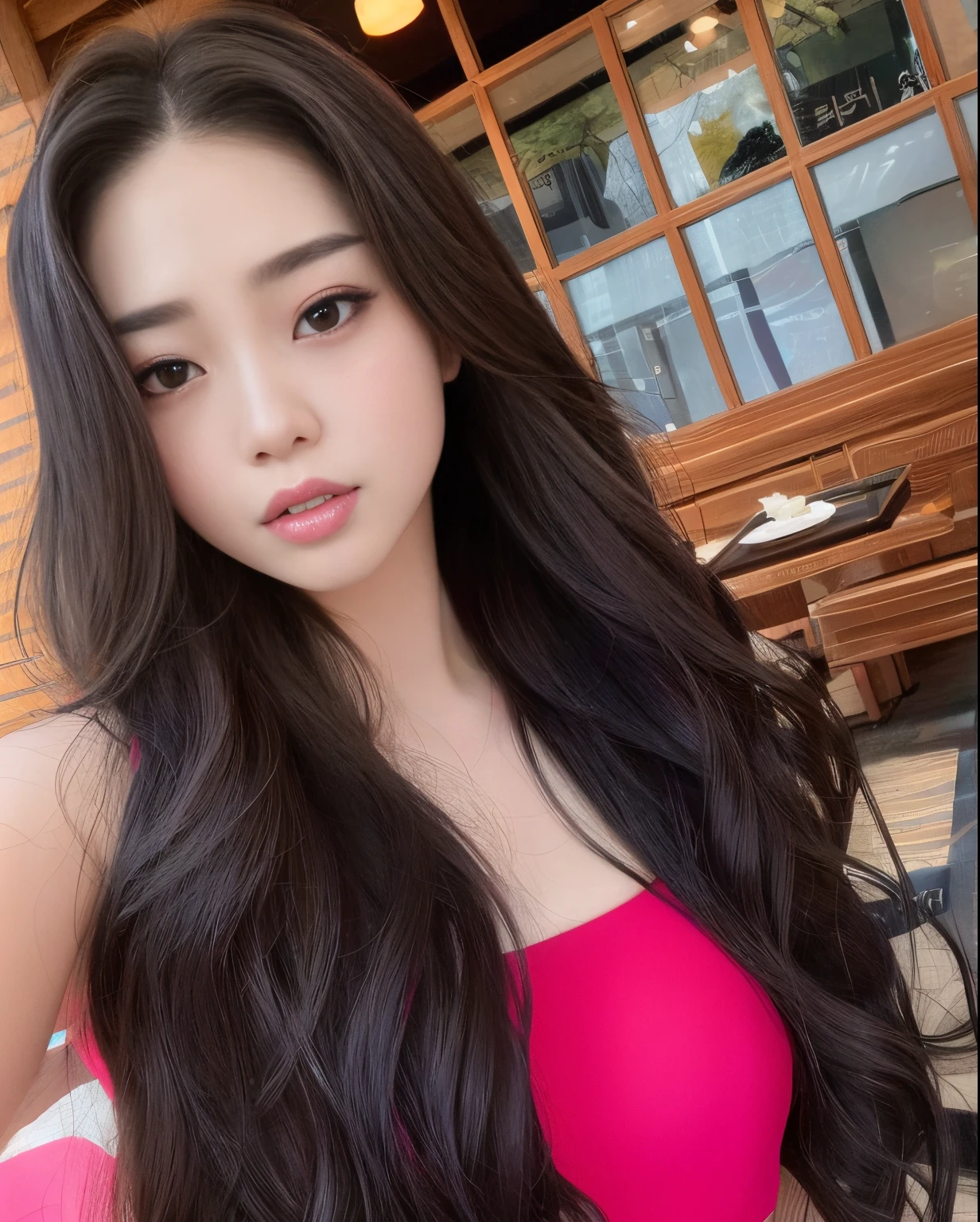 um close up de uma mulher com cabelos longos usando um top rosa, Mulher sul-coreana bonita, linda mulher coreana jovem, Ulzzang, mulher coreana jovem bonita, Asian girl with long hair, coreana, dilraba dilmurat, young adorable korean face, com cabelos longos, Jaeyeon Nam, Mulher coreana, maquiagem sul-coreana popular, Heonhwa Choe