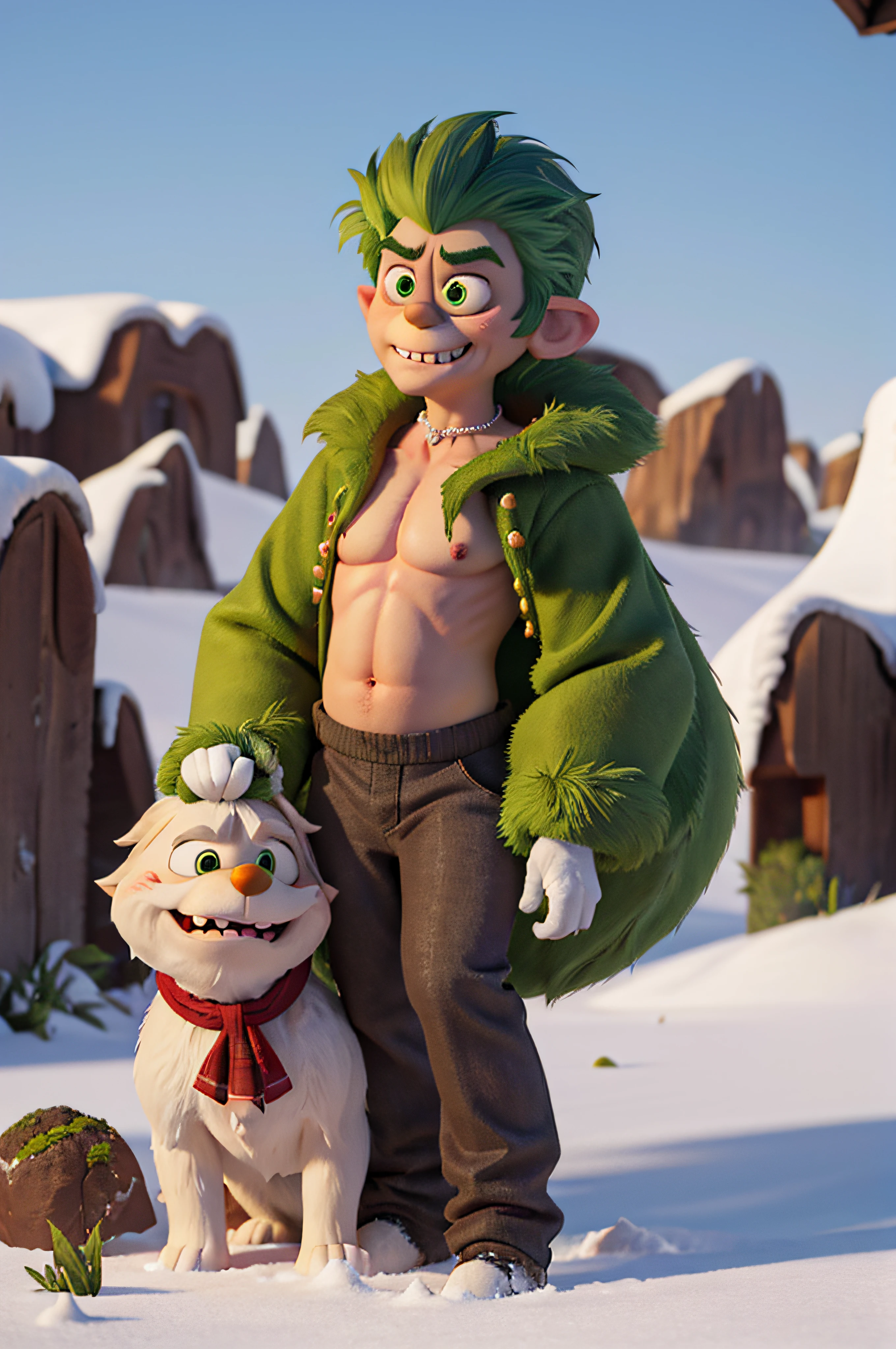 (detailed character description: 1.1) , (best quality, highres: 1.2), (realistic, photorealistic: 1.37), The Grinch is a mitten of green hair that sports an elastic smile to the ears. Misanthrope exiled, he has lived for 53 years in a cave on Mount Crumpit with his dog Max. It feeds on lettuce juice, castor oil and turned milk, and has a heart three times too small to love anyone. , (scary atmosphere), (sinister expression), (sharp teeth), (green fur), (wrinkled face), (large piercing eyes), (thin and curved eyebrows), (pointed nose, crooked), (contorted mouth), (long and thin fingers), (austere physical), (clothes in shreds and dark color), (belly hairy and ventral), (cold and icy breath), (snowy landscape)