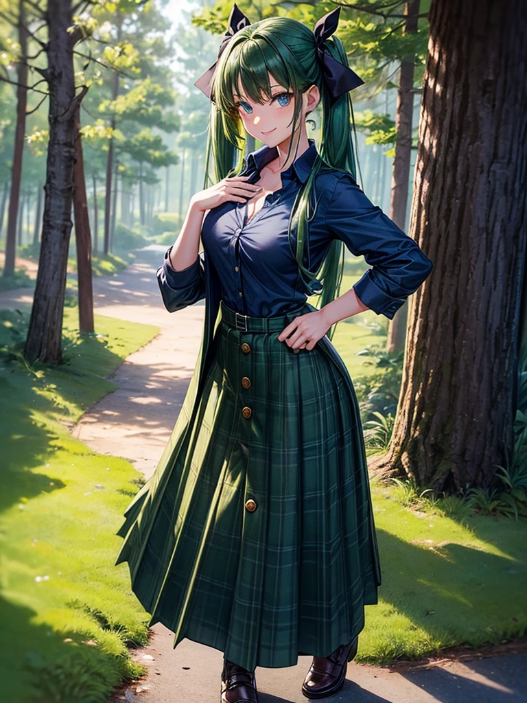 1girl, solo, ((full body)), forest, dark green hair, twintail, large breasts, ((blue button down shirt)), ((opened brown zipper jacket)), dark blue eyes, ((unbuttoned shirt)), ((long skirt)), smile, looking at the viewer, standing, hair ribbon, hand on hip