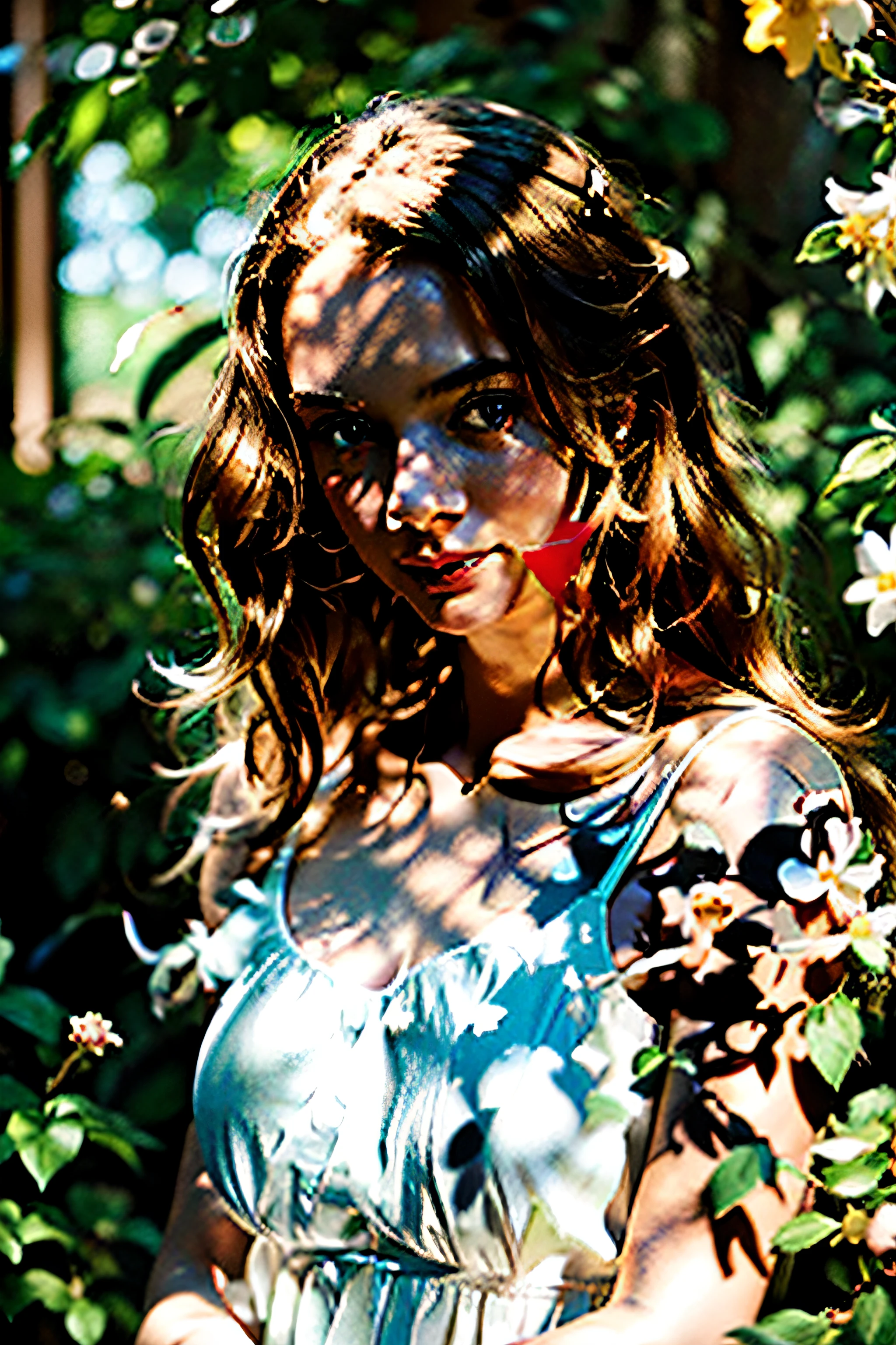 color photo of a beautiful girl, soft sunlight illuminating her delicate features, vibrant golden curls cascading down her shoulders, captivating hazel eyes sparkling with depth and warmth, rosy lips curved into a gentle smile, flawless porcelain skin glowing with a natural radiance, a hint of freckles adorning her nose, a dainty silver necklace gracing her collarbone, a flowing white dress accentuating her graceful figure, surrounded by a lush garden filled with blooming flowers and vibrant greenery, a gentle breeze tugging at her hair, creating a sense of ethereal beauty and tranquility, a sense of serenity and joy emanating from her, a touch of mystery and intrigue adding to her allure, captured with a vintage film camera, using a Kodak Portra 400 film for its rich colors and fine grain, paired with a vintage Nikon FM2 camera body and a 50mm lens, skillfully composing the shot with careful attention to lighting and framing, a collaboration between Sofia Coppola, Christopher Doyle, Tim Walker, and Alexander McQueen. —c 10 —ar 2:3