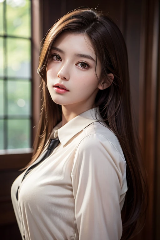 photorealistic, masterpiece, best quality, raw photo, 1girl, solo, long hair, brown hair, detailed face, alluring face, collared shirt, medium breasts, dynamic pose, looking at viewer, from below, detailed background, fine detailed, intricate detail, ray tracing, depth of field, low key, hdr