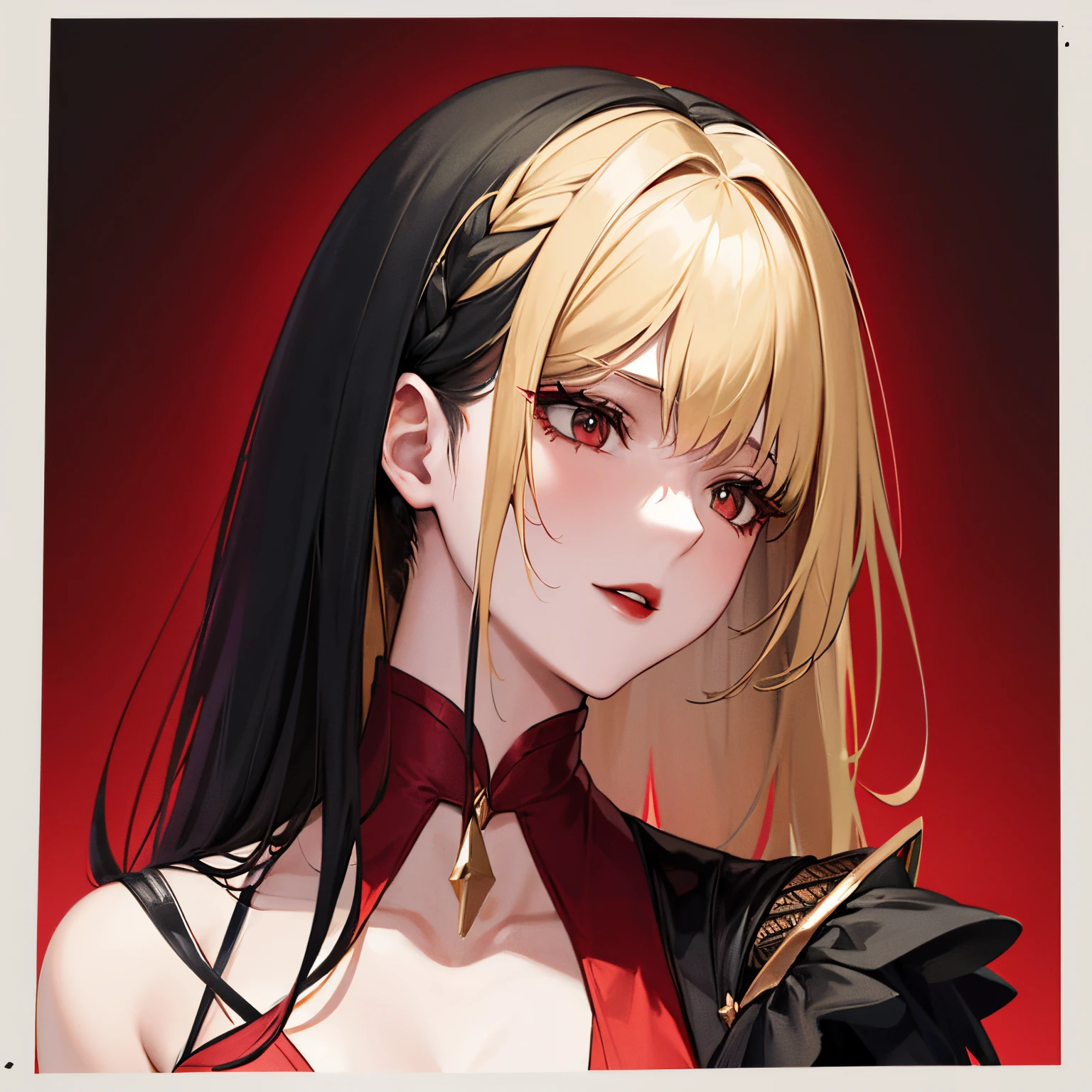 Woman, Shoulder-length black hair with a comb-back, blonde Front Strands, dark red suit, scarlet lipstick