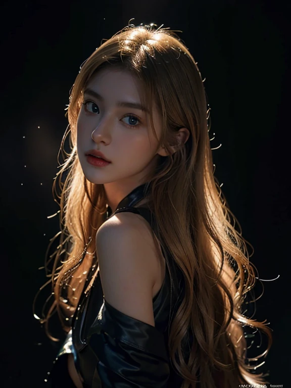 1girll, 175cm,Korean white pop idol and model ,23 years old,Soft body, Jet blond hair, Wavy hair,Whole body, Hair grows to the waist, Whole body,((Head to leg)),Close-up, 8K, RAW photo, Best quality, Masterpiece,Realistic, photo-realistic,Cute(Front focus), (In the dark:1.6), Surrealistic Female Portraits by David Hockney and Alphonse Mucha, Fantasy art, photograph realistic, Dynamic lighting, art  stations, poster for, voluminetric lighting, Very detailed faces, 4 k'', Award-Awarded, 1girll, In the dark, deepshadow, low tune, Cowboy shot, (official outfit:1.4), Long hair