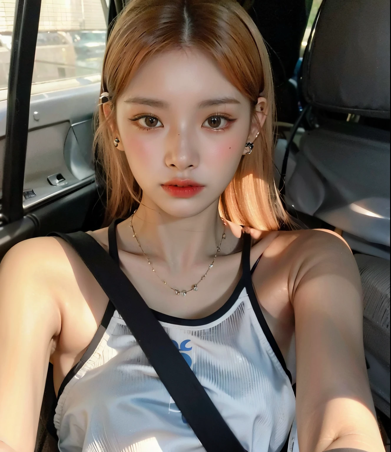 Arafed Woman sitting in a car with a cell phone in her hand, Parque Roseanne de Blackpink, Blackpink Jennie, Jossi de Blackpink, Heonhwa Choe, Sun Yunjoo, Taejune Kim, Usar una camiseta sin mangas de corte bajo, Lleva una camiseta negra sin mangas, Kim Doyoung, Hermosa joven coreana, JIA, Jaeyeon Nam, Gemma Chen