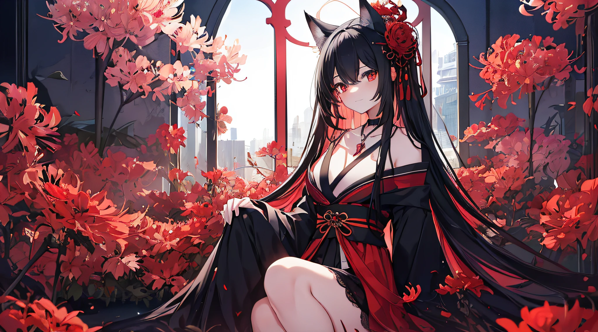 (extremely detailed CG unity 8k wallpaper), (((ultra-detailed))), ((extremely detailed)), (((best illustration))), best illumination, ((extremely delicate and beautiful)), ((an extremely delicate and beautiful girl)), colorful, lycoris radiata, (manjusaka:1.1), red flower field, (((colorful flowers))), ((1 girl, solo)), {{finely detailed beautiful eyes and detailed face}}, sad expression, sad smile, long hair, (((black hair))), red eyes, beautiful detailed eyes, mature female, gentle, slender, medium breast, black red fox ears, (black red fox tail), (((intricate details))), (Black and red knee-length kimono dress), medium height black boots, ((black choker with red pendent)), manjusaka/lycoris radiata birthmark on the neck, sitting, bishoujo, 19_years_old