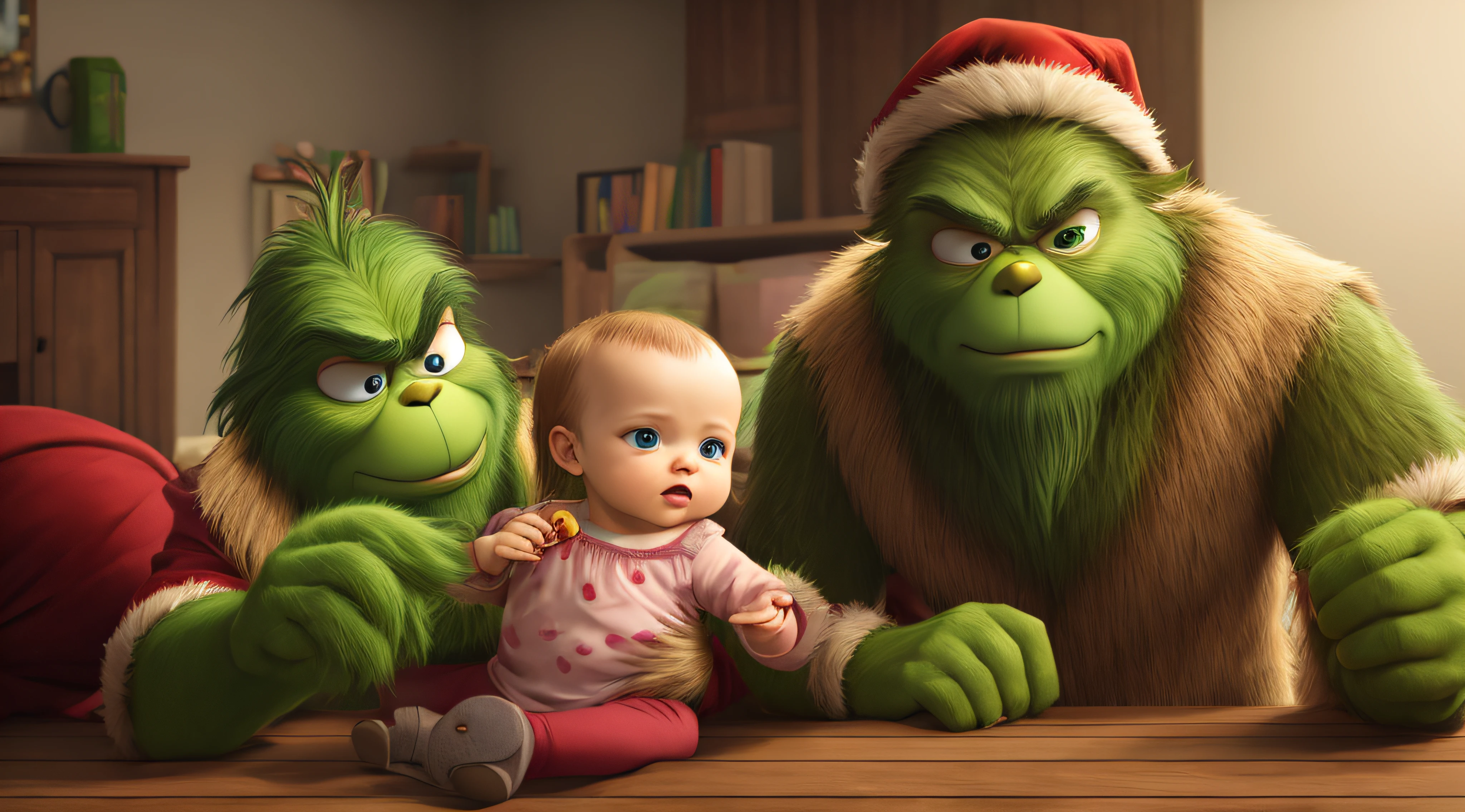 (detailed character description: 1.1) , (best quality, highres: 1.2), (realistic, photorealistic: 1.37), The family Grinch (dad, mom, baby)