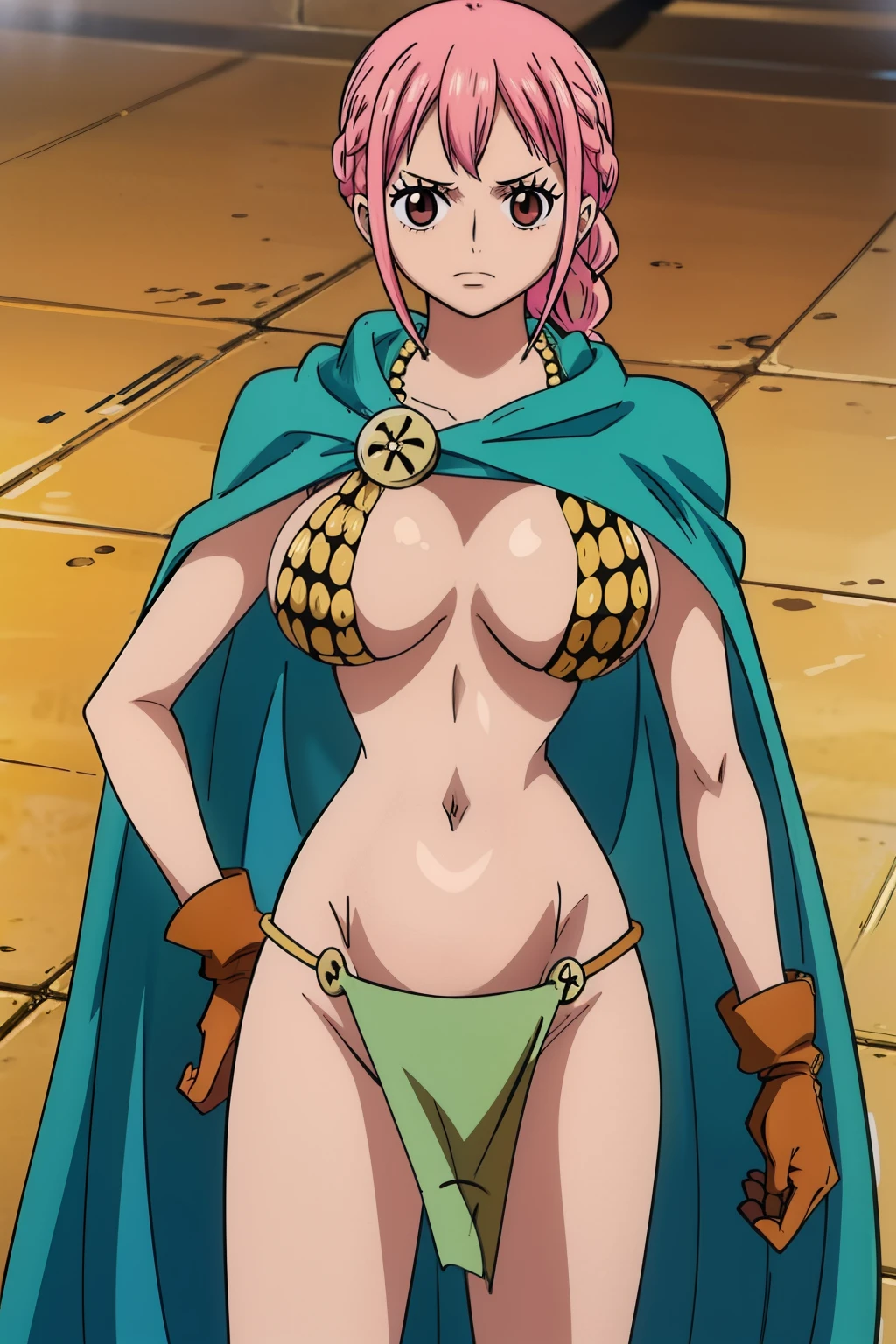 anime cels style, best quality, high resolution, rebecca, large breasts, (narrow waist:1.2), brown eyes, short hair, long hair, ponytail, braid, pink hair, brown gloves, bikini armor, loincloth, green cape, cowboy shot