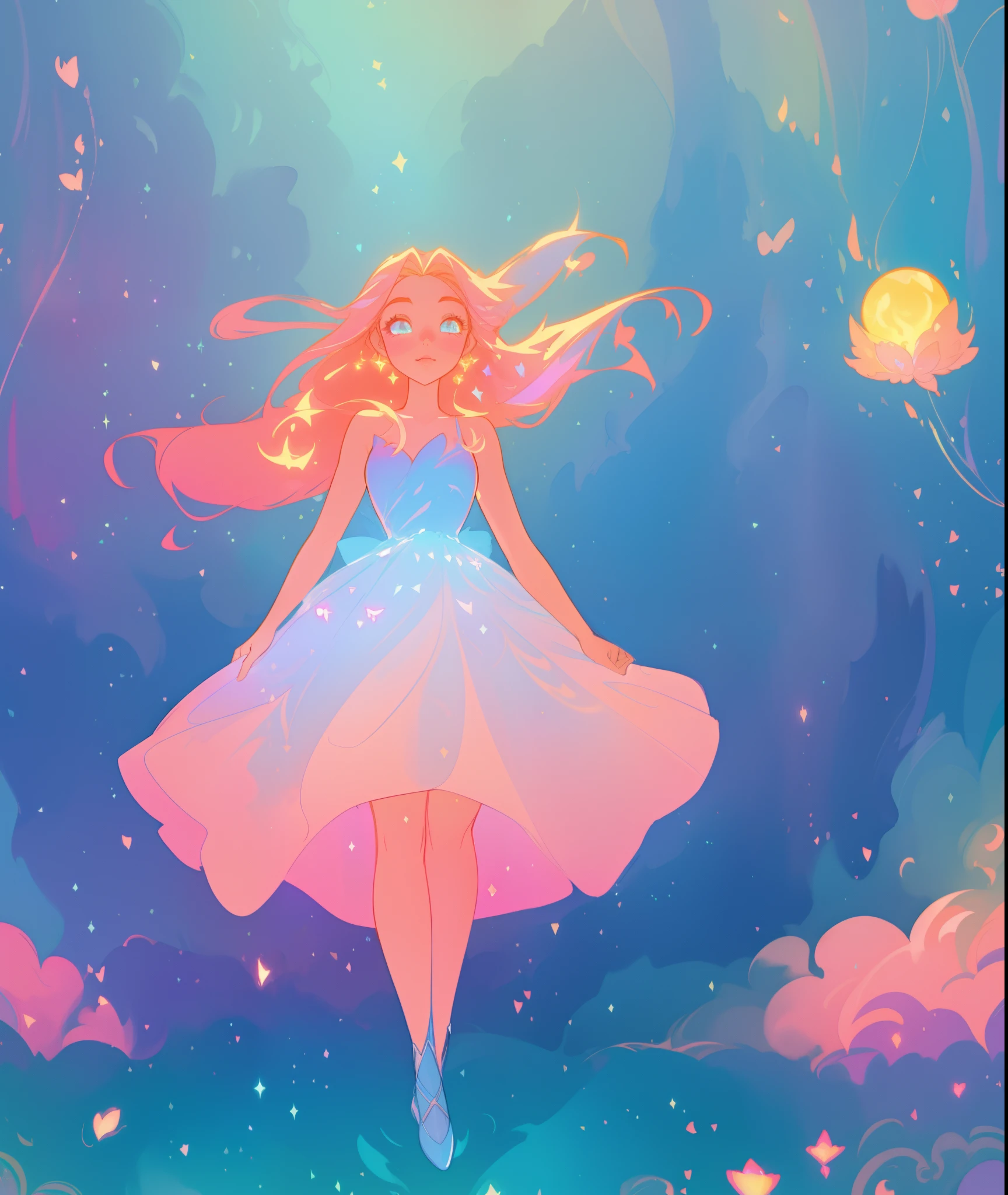beautiful girl, puffy tiered ballgown, vibrant colors, (colorful), glowing golden long hair, magical lights, sparkling magical liquid, inspired by Glen Keane, inspired by Lois van Baarle, disney art style, by Lois van Baarle, glowing aura around her, by Glen Keane, jen bartel, glowing lights! digital painting, flowing glowing hair, glowing flowing hair, beautiful digital illustration, fantasia background, whimsical, magical, fantasy, ((beautiful face)), ((masterpiece, best quality)), intricate details, highly detailed, sharp focus, 8k resolution, sparkling detailed eyes, liquid watercolor