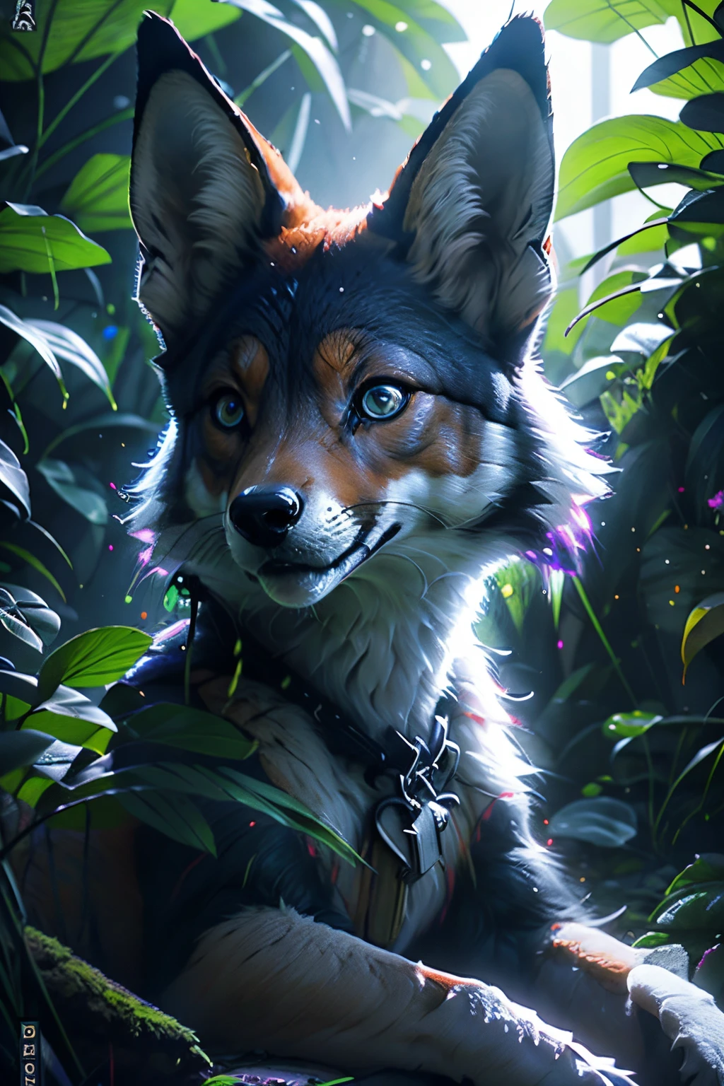 Raposa antropomorphic realista de cores vivas iriscente com olhos brilhantes e cauda brilhante, ultra realistic antropomorph ethereal fox, raposa digital iriscente, arte de fantasia digital colorida, arte digital luminescente, Arte digital altamente detalhada em 4k, 8k arte impressionante, Arte bonita UHD 4K, Arte digital detalhada em 4k,