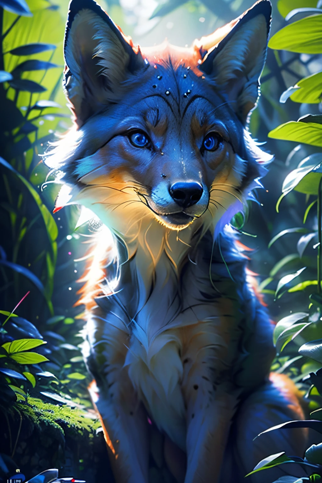 Raposa antropomorphic realista de cores vivas iriscente com olhos brilhantes e cauda brilhante, ultra realistic antropomorph ethereal fox, raposa digital iriscente, arte de fantasia digital colorida, arte digital luminescente, Arte digital altamente detalhada em 4k, 8k arte impressionante, Arte bonita UHD 4K, Arte digital detalhada em 4k,