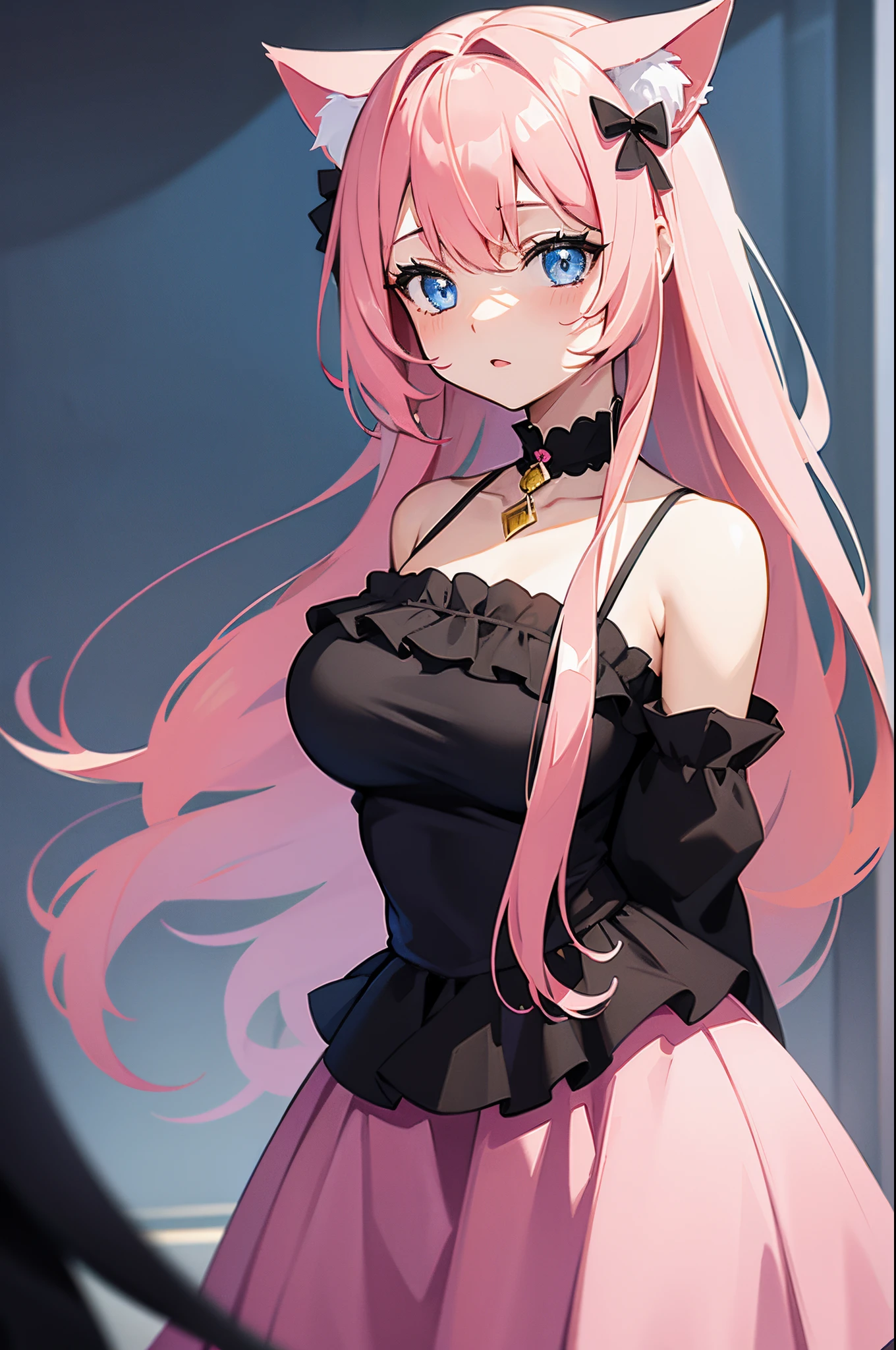 Anime girl with pink hair and cat ears in a pink dress - SeaArt AI