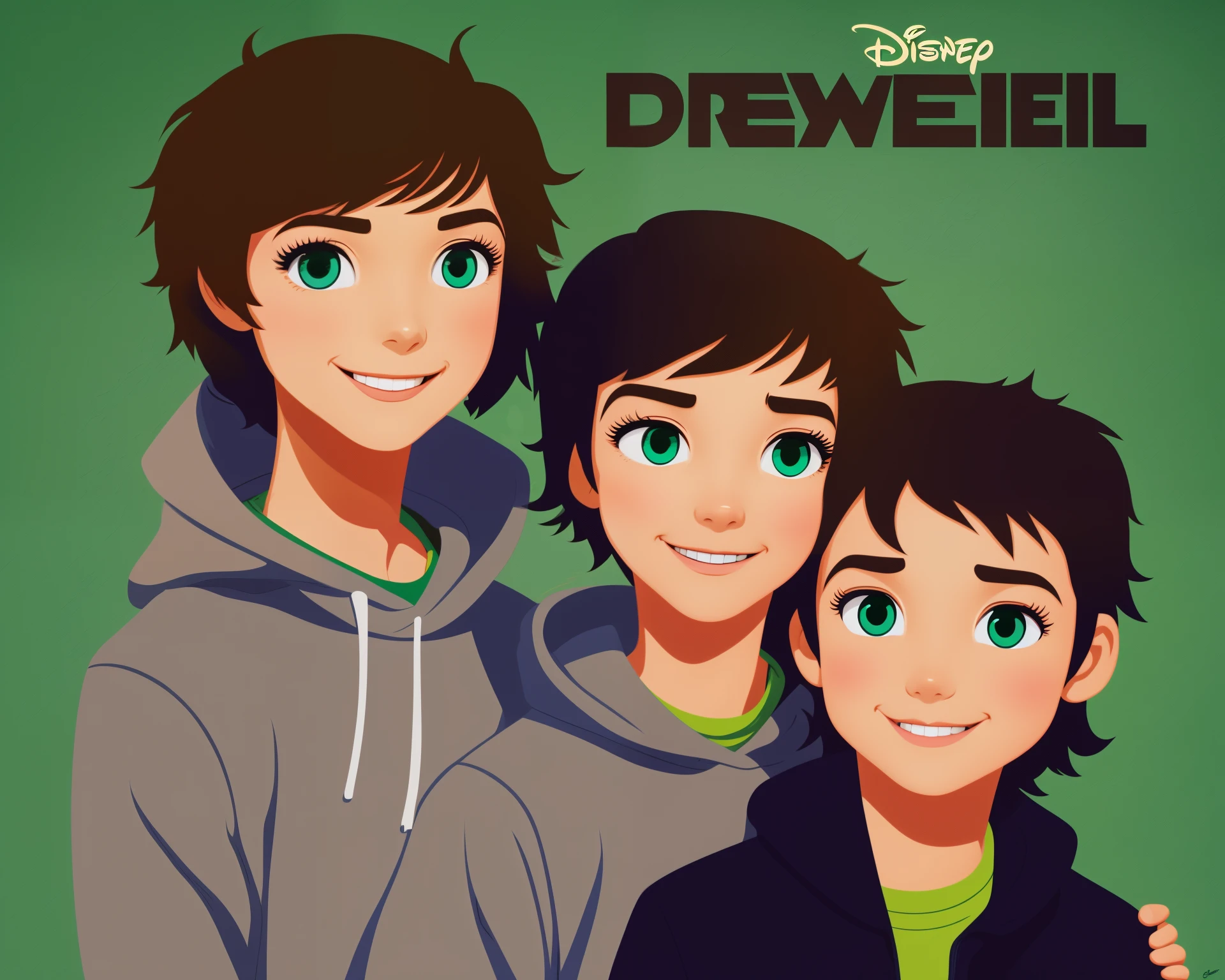 Disney poster, one girl and one boy, the girl  has medium length brown hair and she is short and white, with green eyes, she wears a black hoodie and flared jeans, the boy has wispy brown hair and green eyes, and is tall and wears jeans with a grey shirt, he’s tall