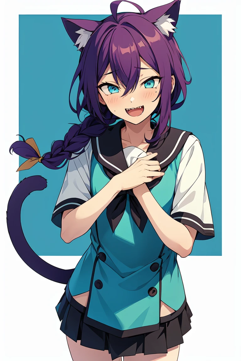 long hair, mole under mouth, purple hair, single braid, hair between eyes, aqua eyes, sharp teeth, ahoge, 1boy, blush, smile, cowboy shot, sailor uniform, ribbon, cat ears, miniskirt, cat tail, slight open mouth