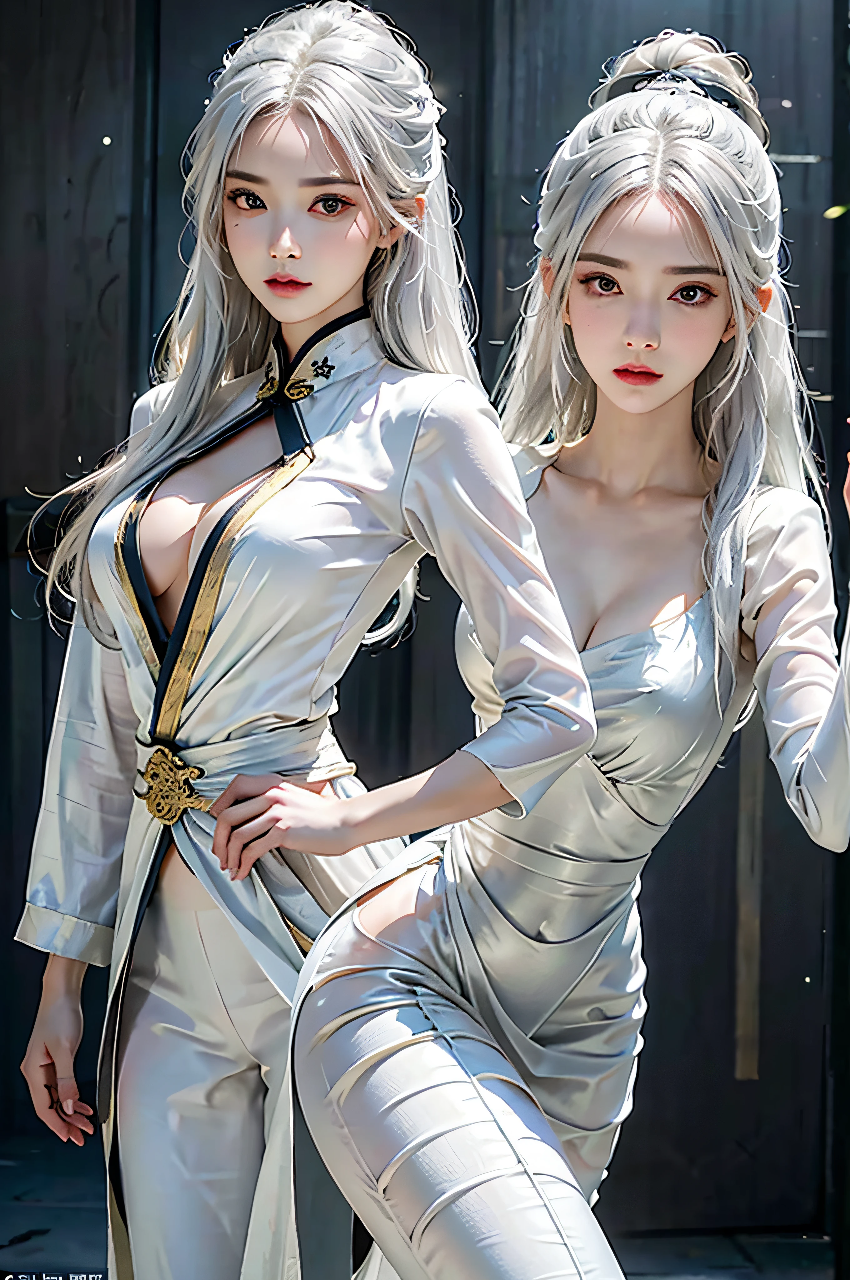 realisticlying, A high resolution, a 1 woman, Alone, hip-up, Just look at the audience, (详细的脸), Willow waist, Close the lips, White hair, long whitr hair, Kung Fu suit, Intricate fairy costumes, jewely
