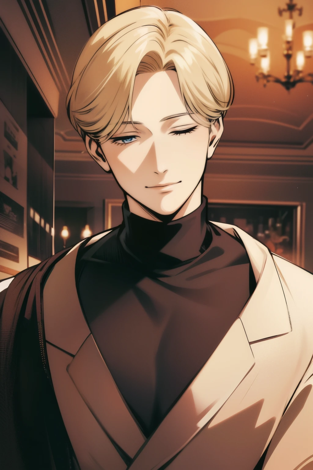 johan liebert, solo boy, wearing black sweather, angst, manipulator, smiling, eyes closed, face tilted