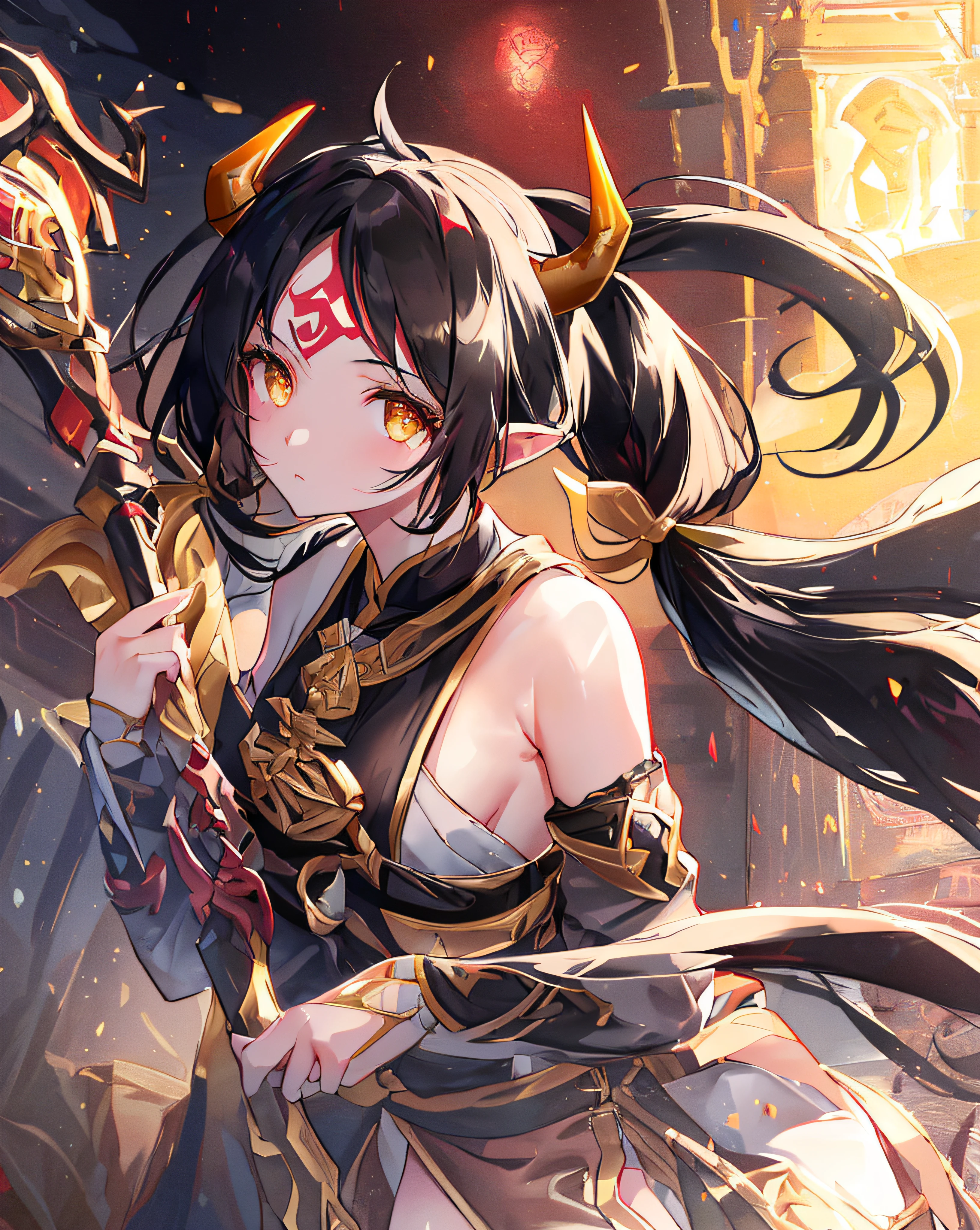 e7 ARavi, yellow eyes, red mark in forehead, black hair,  (low twintails coming from under the ears) with yellow ribbons, small breasts,  black small bull horns,  (long red chinese tabard), black sorts, nothing under the tabard, naked under tabard,
(masterpiece),  best quality, highres, 4k, 8k, Detailed Illustration, intricate detail, cinematic lighting, amazing quality, 1girl, fit female, amazing shading, soft lighting, facing camera, perfect eyes,