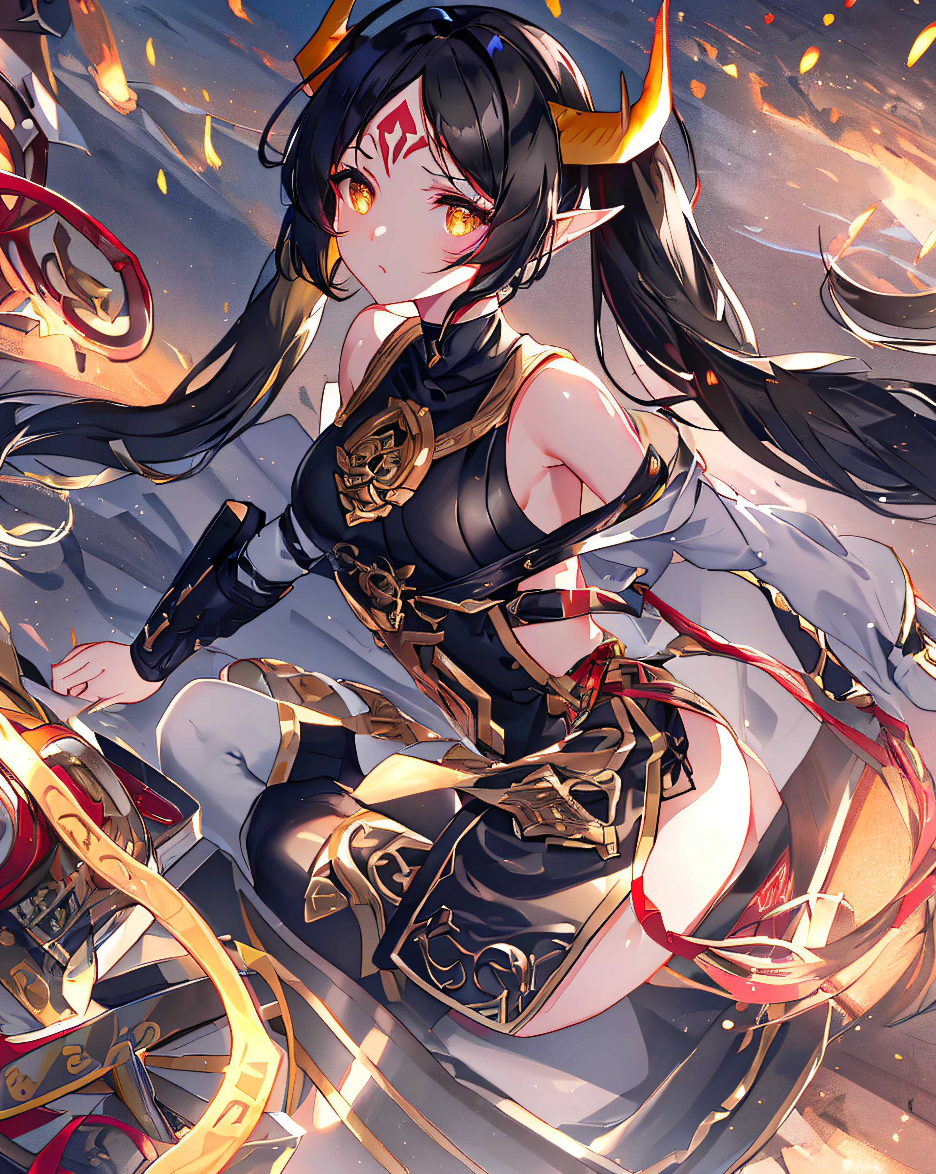 e7 ARavi, yellow eyes, red mark in forehead, black hair,  (low twintails coming from under the ears) with yellow ribbons, small breasts,  black small bull horns,  (long red chinese tabard), black sorts, nothing under the tabard, naked under tabard,
(masterpiece),  best quality, highres, 4k, 8k, Detailed Illustration, intricate detail, cinematic lighting, amazing quality, 1girl, fit female, amazing shading, soft lighting, facing camera, perfect eyes,