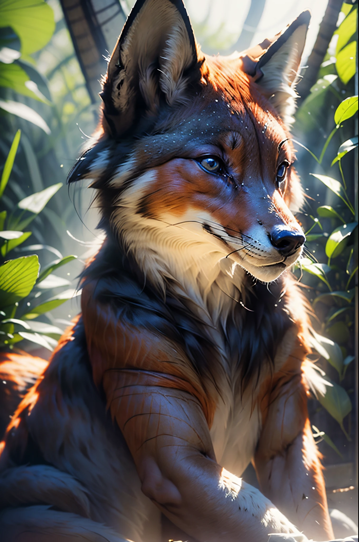 Raposa antropomorphic realista de cores vivas iriscente com olhos brilhantes e cauda brilhante, ultra realistic antropomorph ethereal fox, raposa digital iriscente, arte de fantasia digital colorida, arte digital luminescente, Arte digital altamente detalhada em 4k, 8k arte impressionante, Arte bonita UHD 4K, Arte digital detalhada em 4k,