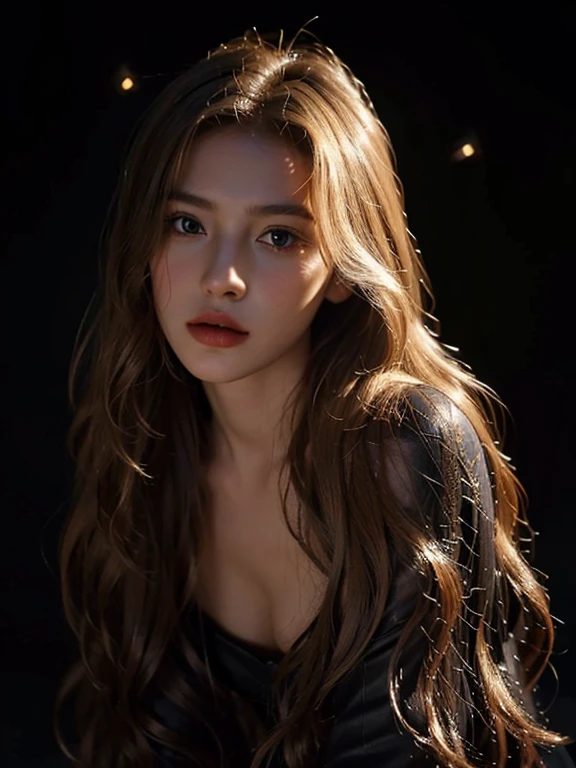 1girll, 175cm, Irish pop idol and model ,23 years old,Soft body, Jet blond hair, Wavy hair,Whole body, Hair grows to the waist, Whole body,((Head to leg)),Close-up, 8K, RAW photo, Best quality, Masterpiece,Realistic, photo-realistic,Cute(Front focus), (In the dark:1.6), Surrealistic Female Portraits by David Hockney and Alphonse Mucha, Fantasy art, photograph realistic, Dynamic lighting, art  stations, poster for, voluminetric lighting, Very detailed faces, 4 k'', Award-Awarded, 1girll, In the dark, deepshadow, low tune, Cowboy shot, (official outfit:1.4), Long hair