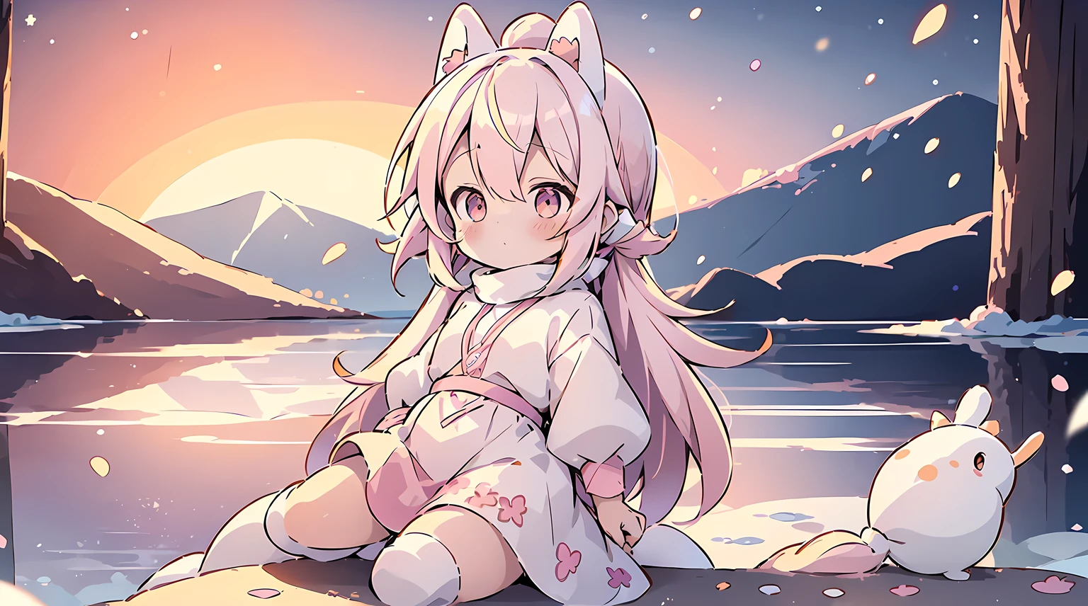 senko-san, loli, big freezed lake, winter, multicolored hair, white hair, pink hair, orange skirt, orange sunset, 1girl, hi resolution, 4k, sakura, snowed lake, pink scratches on a face, skirt with fur, white ears, ears with fur, cute face, whie-pink hair, bob hairstyle, snow on a lake, icy lake, short girl, charachter sits on her butt, 6 years old, sitting on a snow, orange small boots, white long socks, tail lying on the snow, white tail, fluffy tail, tail from butt, 4 years old