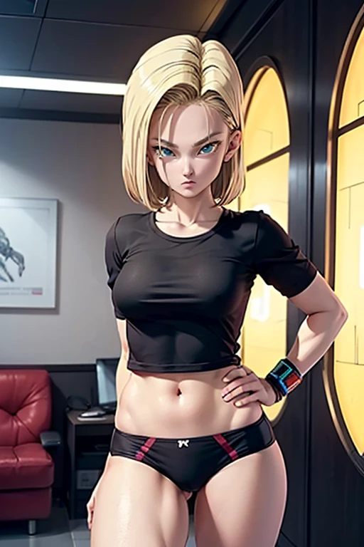 imagem hiper detalhada, UHD, 16k, foto profissional, (Foto realista do Android-18 de Dragon Ball Z) menina deusa da beleza, cabelos loiros curtos muito lisos, severe facial expression, ((Cybernetic body parts , short underwear))