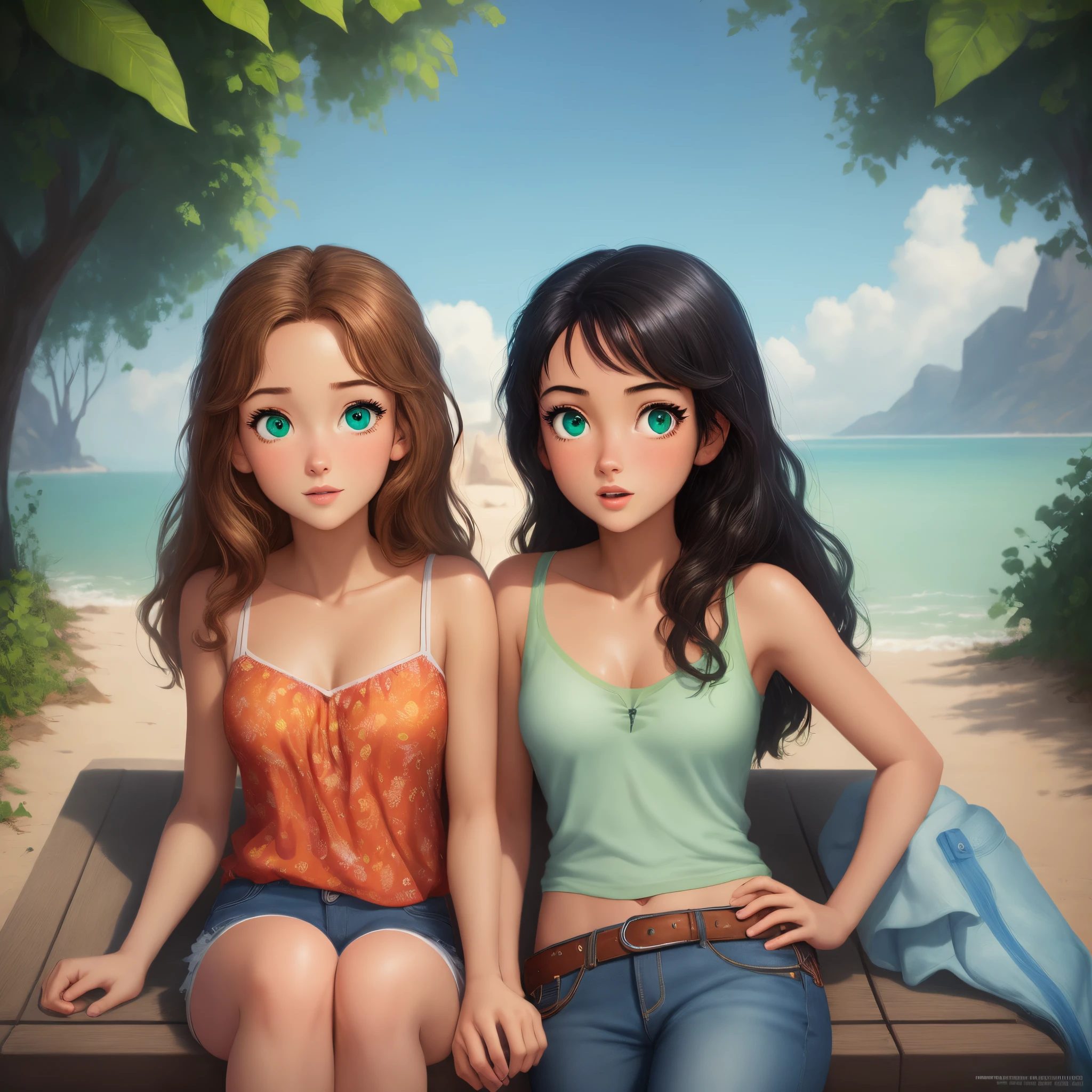 Disney pixar poster,two girls one with black hair and blue eyes,another with tanned skin green eyes and brown hair