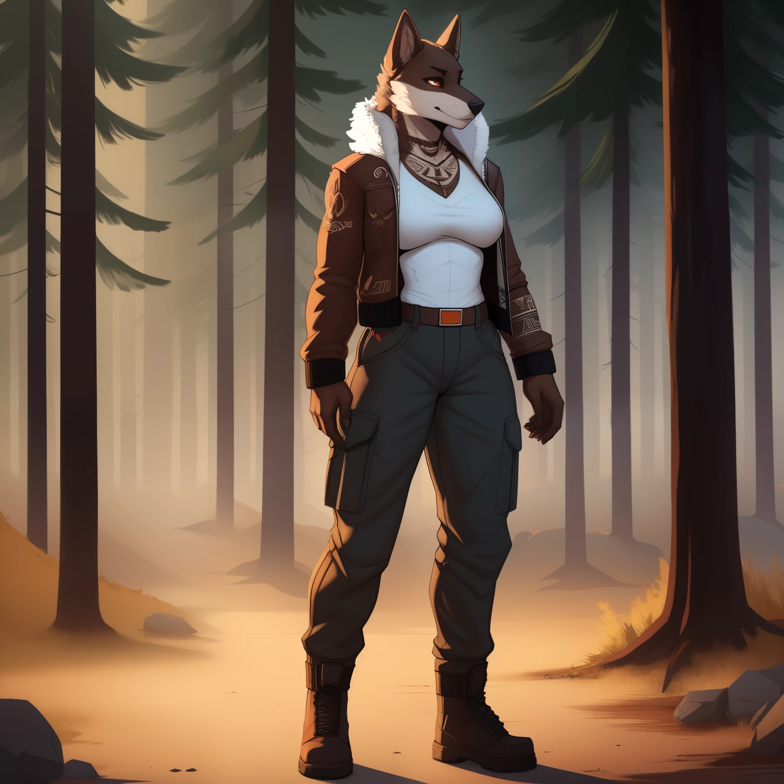 Tall_muscular_wolf female dark_brown_furry_body brown_eyes very_fluffy scars misty_breath foggy_forest solo Masterpiece best_quality absurdres highly_detailed cleanly_drawn_eyes anthro_only by_claweddrip, by_greasymojo, by_underscore-b, by_runawaystride native_american_tattoos fur_trimmed_jacket cargo_pants