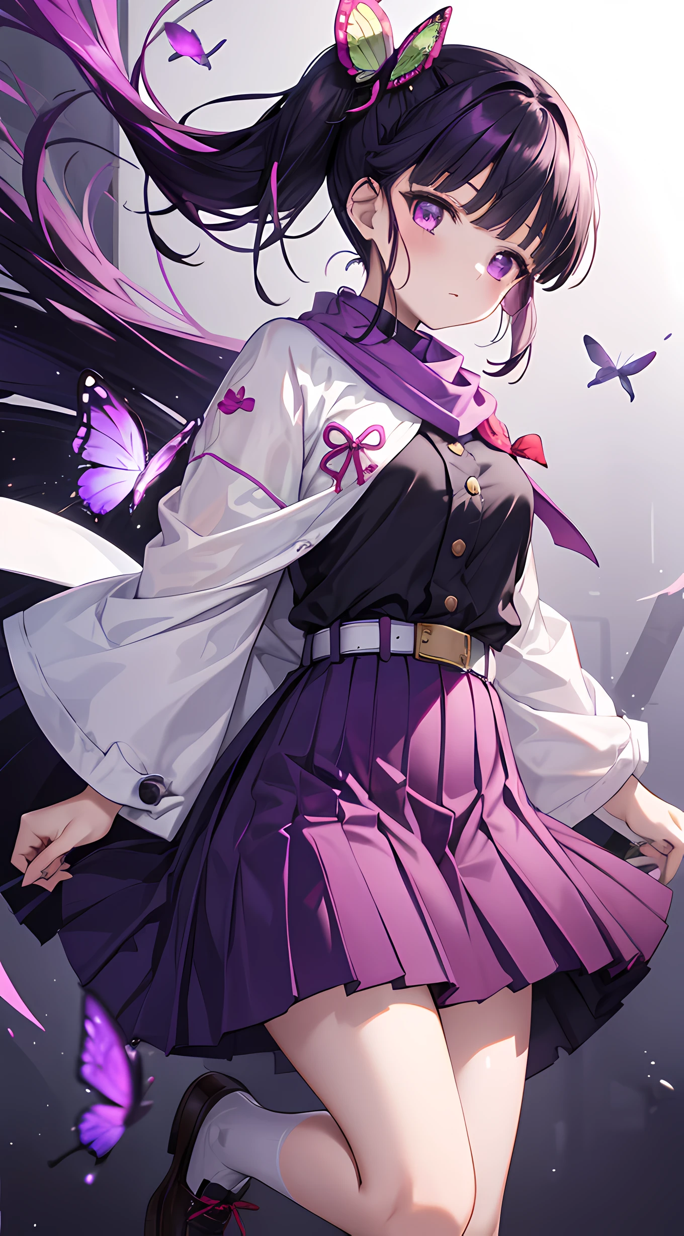 A girl with very dark purple hair, short straight front hair and a ponytail on the side tied with a green and red butterfly, wide purple and pink eyes. She wears a dark purple shirt with gold buttons, a long purple skirt, a large white scarf tied with a red bow, and slightly long white shoes.