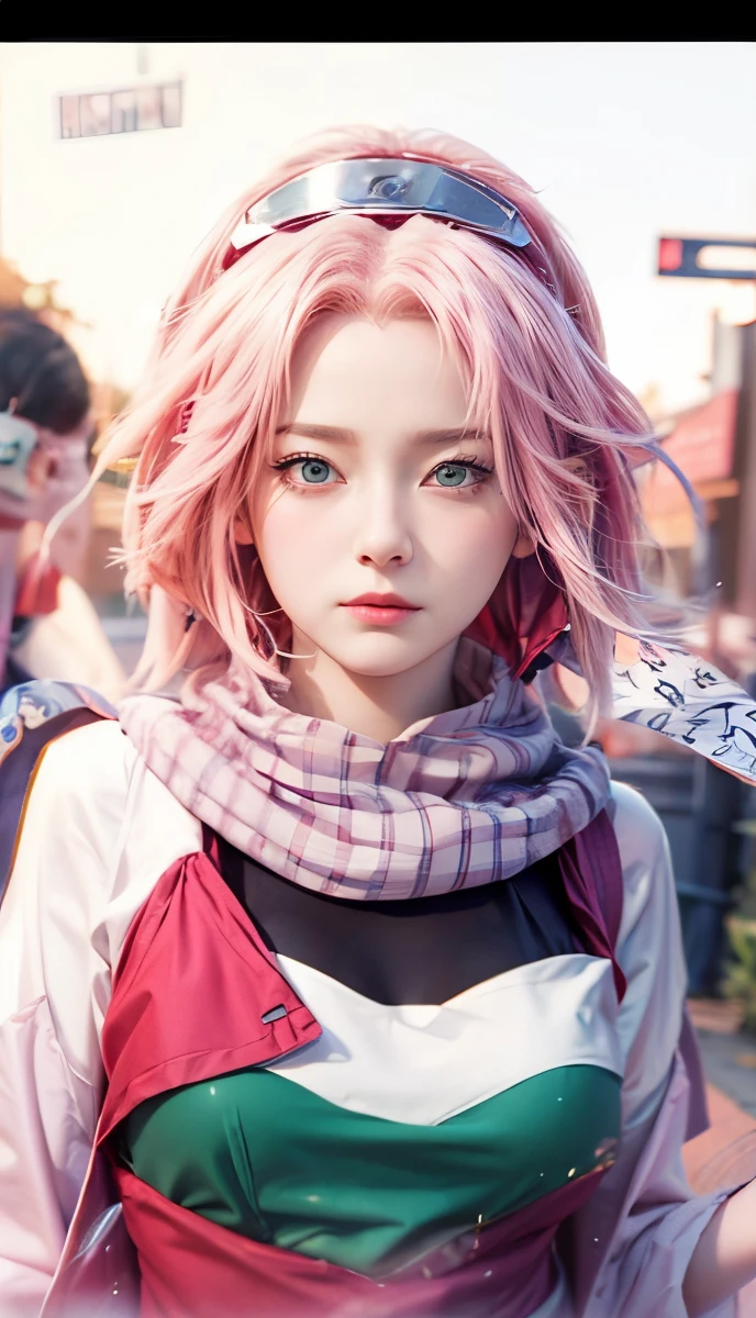 Real life adaption of this character,her name is sakura haruno from anime Naruto,she has a realistic same pink hair with a red headband, realistic same outfit, realistic same apron, beautiful korean  face, she has green eyes color, realistic light, realistic shadow, realism, hyper realistic,(photorealistic:1.2), realistic background