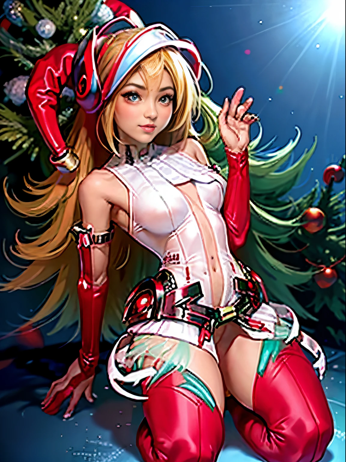 Dark magician gils con vestido rojo,((see through)), extremadamente detallado, rubio,(((Mini falda diminuta))), ((skirt lift)),(((tanga visible))),Sonriendo, ojos azules, realista, tacones rojos, (((Navidad))), escote, ((christmas tree, Regalos)), cabello rubio claro. Corazones de Magia.