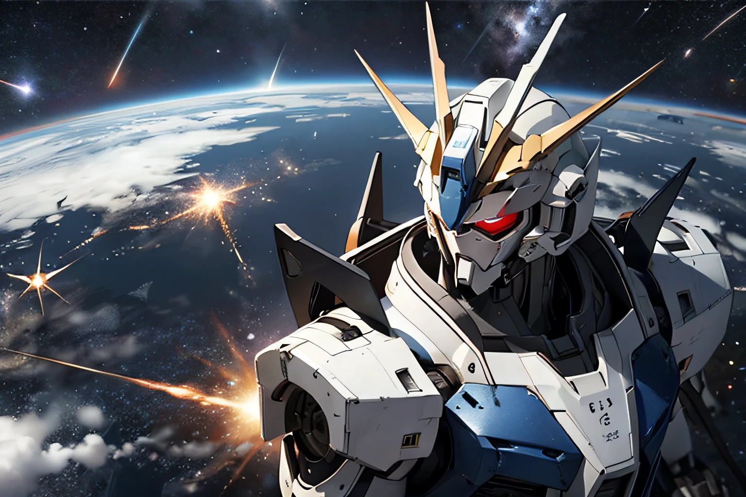 Gundam with blue and red body、Fly in outer space。Earth with stars on background、
