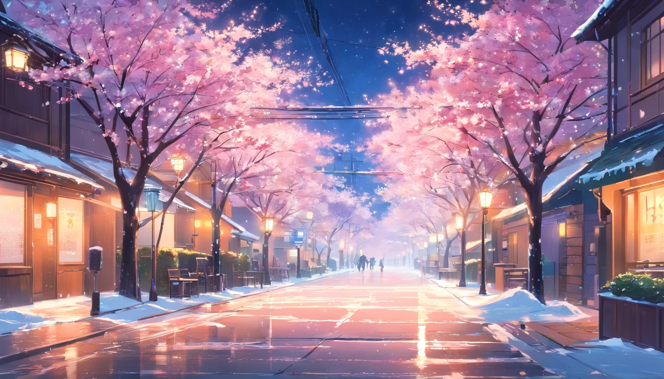 (best qualtiy:1.2),A vibrant street covered in snow,a beautiful cherry blossom tree,falling snow, lit lamp post