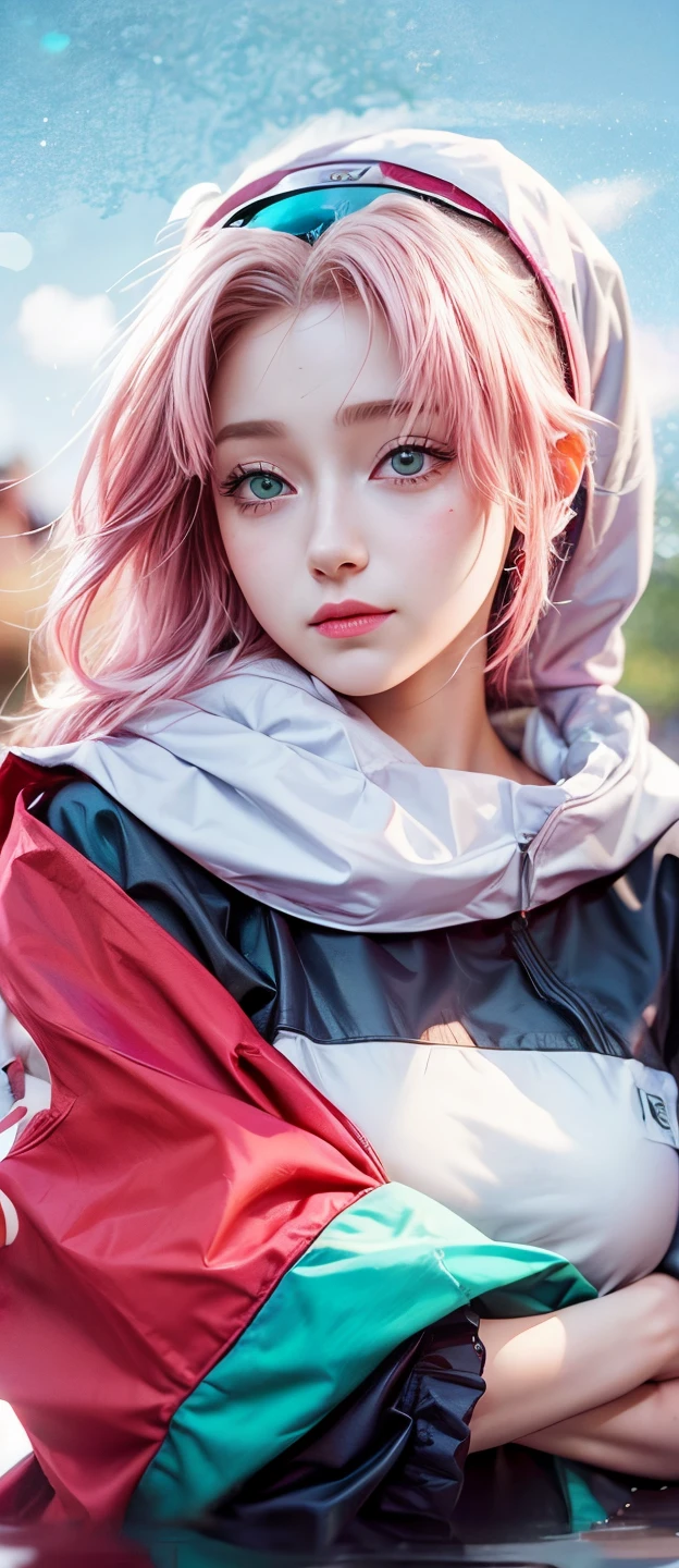 (masterpiece: 1,6), Haruno sakura in ( naruto) , smile , water , green hoody , yallow hair , large breast , shirt , short pants , young , pink lips, anime girl ,long hair ,ultra high , best quality , outfit detail ,face high ,quality pro . 1girl,realistic ,UHD ,HDR , perffect charakter ,anime from realistic ,realisan , face pink eyes