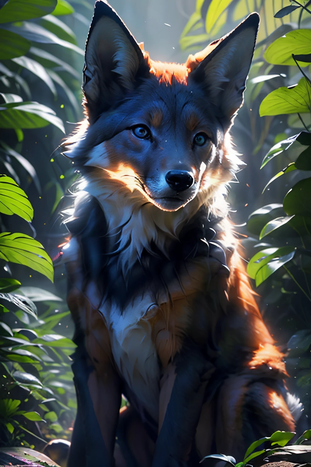 Raposa antropomorphic realista de cores vivas iriscente com olhos brilhantes e cauda brilhante, ultra realistic antropomorph ethereal fox, raposa digital iriscente, arte de fantasia digital colorida, arte digital luminescente, Arte digital altamente detalhada em 4k, 8k arte impressionante, Arte bonita UHD 4K, Arte digital detalhada em 4k,