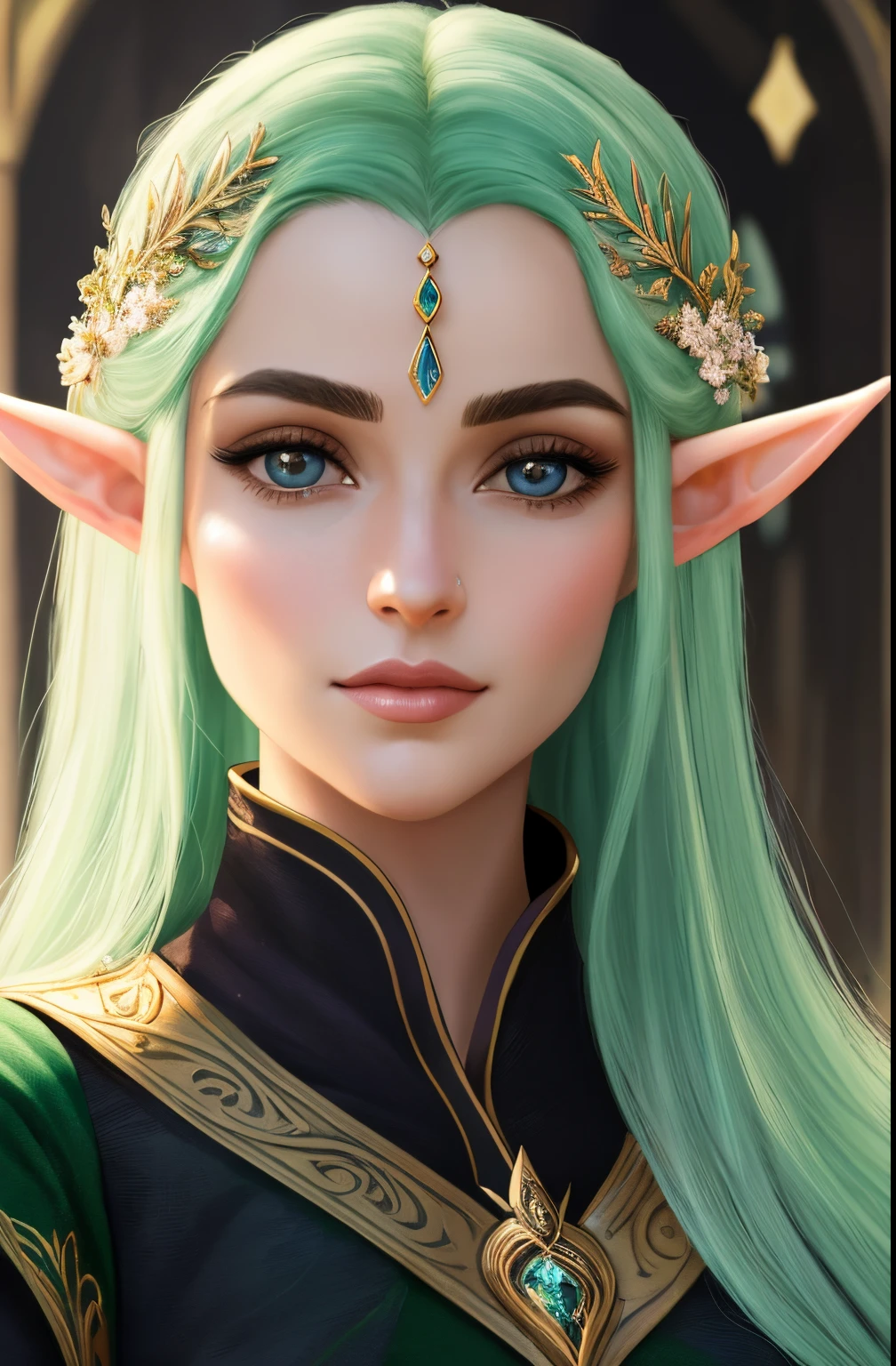 um close up de uma mulher em uma roupa de couro preto, elfo feminino bonito e elegante, Retrato de elfo muito bonito, elven character with smirk, muito bonito elven top model, Elfo Feminino, Rainha elfa bonita e elegante, Cavaleiro elfo sedutor da princesa, Menina elfa, princesa elfo escuro, Retrato de um elfo, Retrato de uma rainha elfa, ultra realista, intrincado, 8k extremamente detalhado