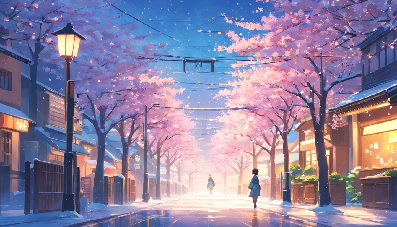 (best quality:2),A vibrant street covered in snow,a beautiful cherry blossom tree,falling snow, lit lamp post
