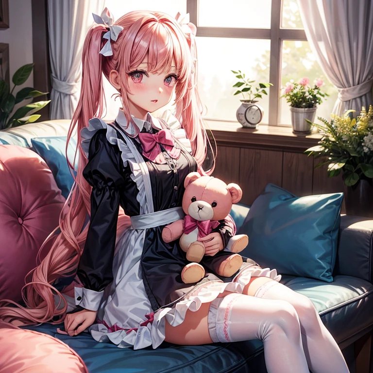 a person in maid outfit wearing cute bows and sitting on chair with teddy bears, 1girl, solo, twintails, thighhighs, pink hair, long hair, bow, white thighhighs, frills, looking at viewer, dress, sitting, long sleeves, black bow, pillow, stuffed toy, window, pink eyes, blush, pink dress, indoors, stuffed animal, parted lips, frilled dress, bangs, bowtie
