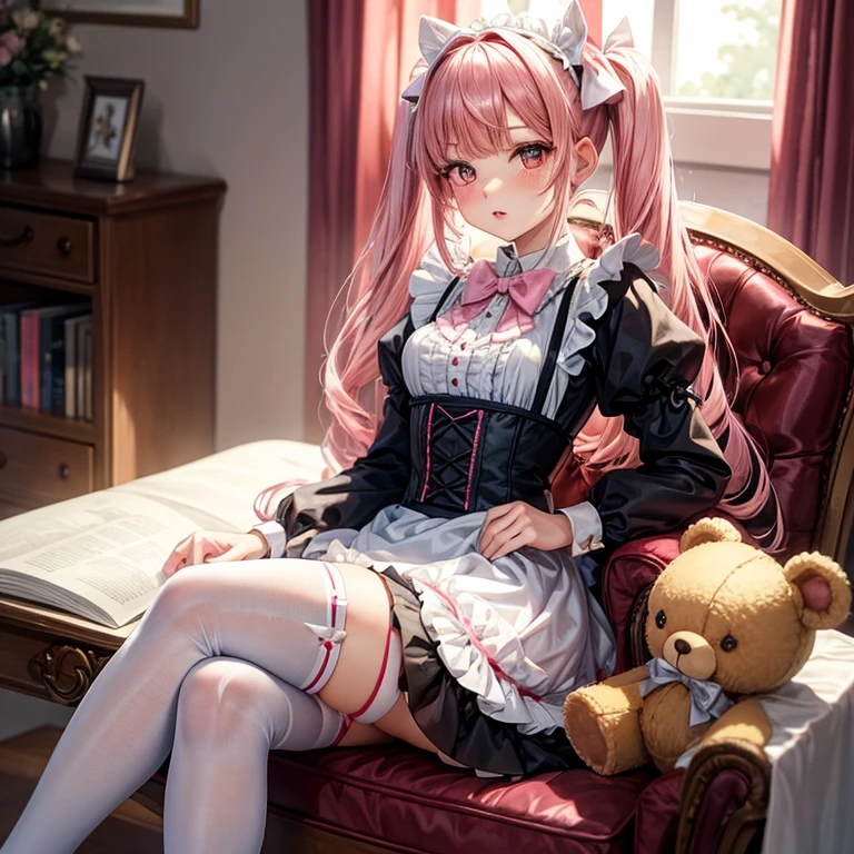 a person in maid outfit wearing cute bows and sitting on chair with teddy bears, 1girl, solo, twintails, thighhighs, pink hair, long hair, bow, white thighhighs, frills, looking at viewer, dress, sitting, long sleeves, black bow, pillow, stuffed toy, window, pink eyes, blush, pink dress, indoors, stuffed animal, parted lips, frilled dress, bangs, bowtie
