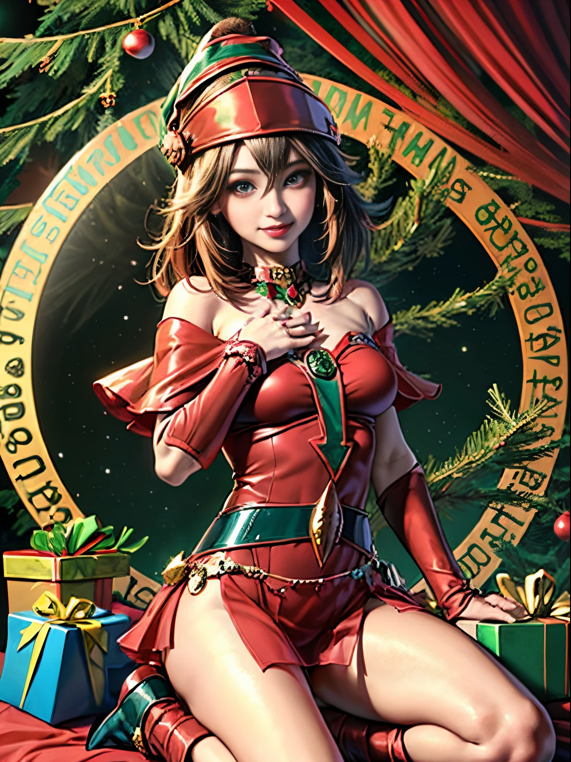 Dark magician gils con vestido rojo,((see through)), extremadamente detallado, rubio,(((Mini falda diminuta))), ((skirt lift)),(((tanga visible))),Sonriendo, ojos azules, realista, tacones rojos, (((Navidad))), escote, ((christmas tree, Regalos)), cabello rubio, Corazones de Magia.