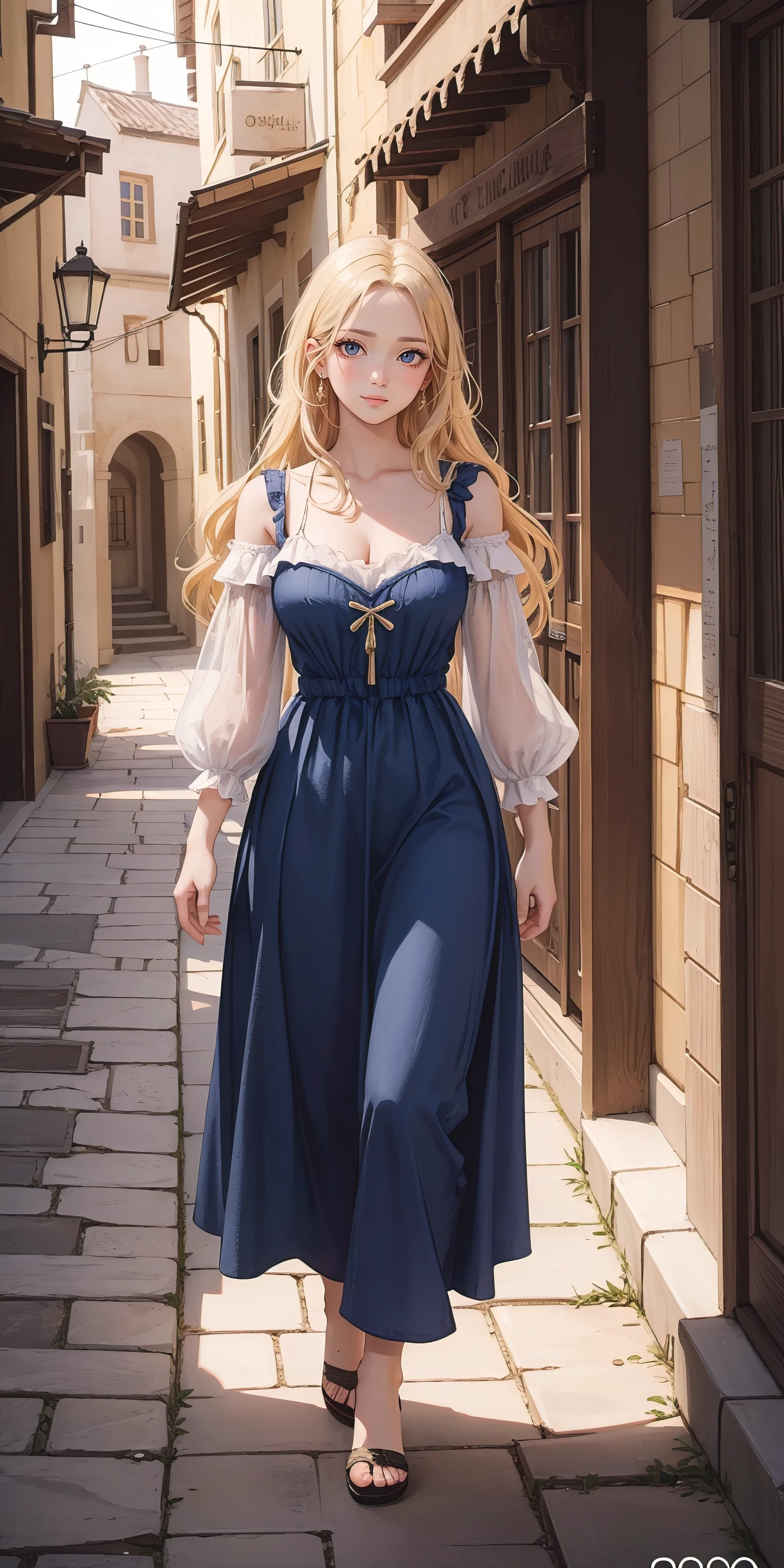 best quality, masterpiece, realistic photo, intricate details, raw photo, ultra detailed, old fashioned young woman, with peasant style dress, no necklines, blonde hair, perfect detailed and blue eyes, walking in an old city, HD quality, 8K, young woman, 20 years old